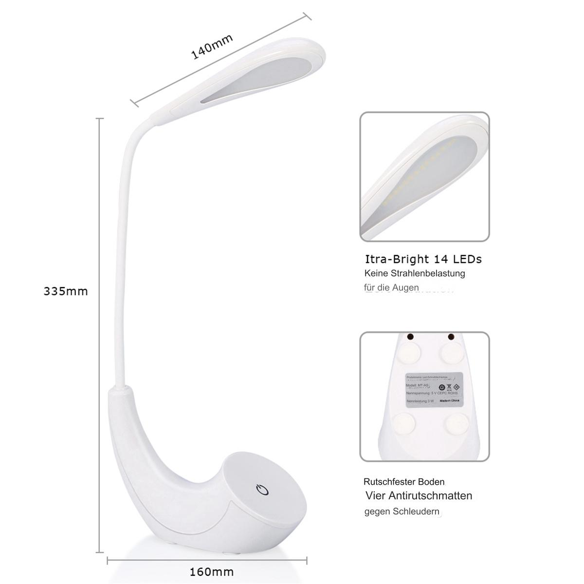 Eine weiße Schreibtischlampe mit Abmessungen. Details zeigen Kopf, Sockel und LEDs der Lampe.