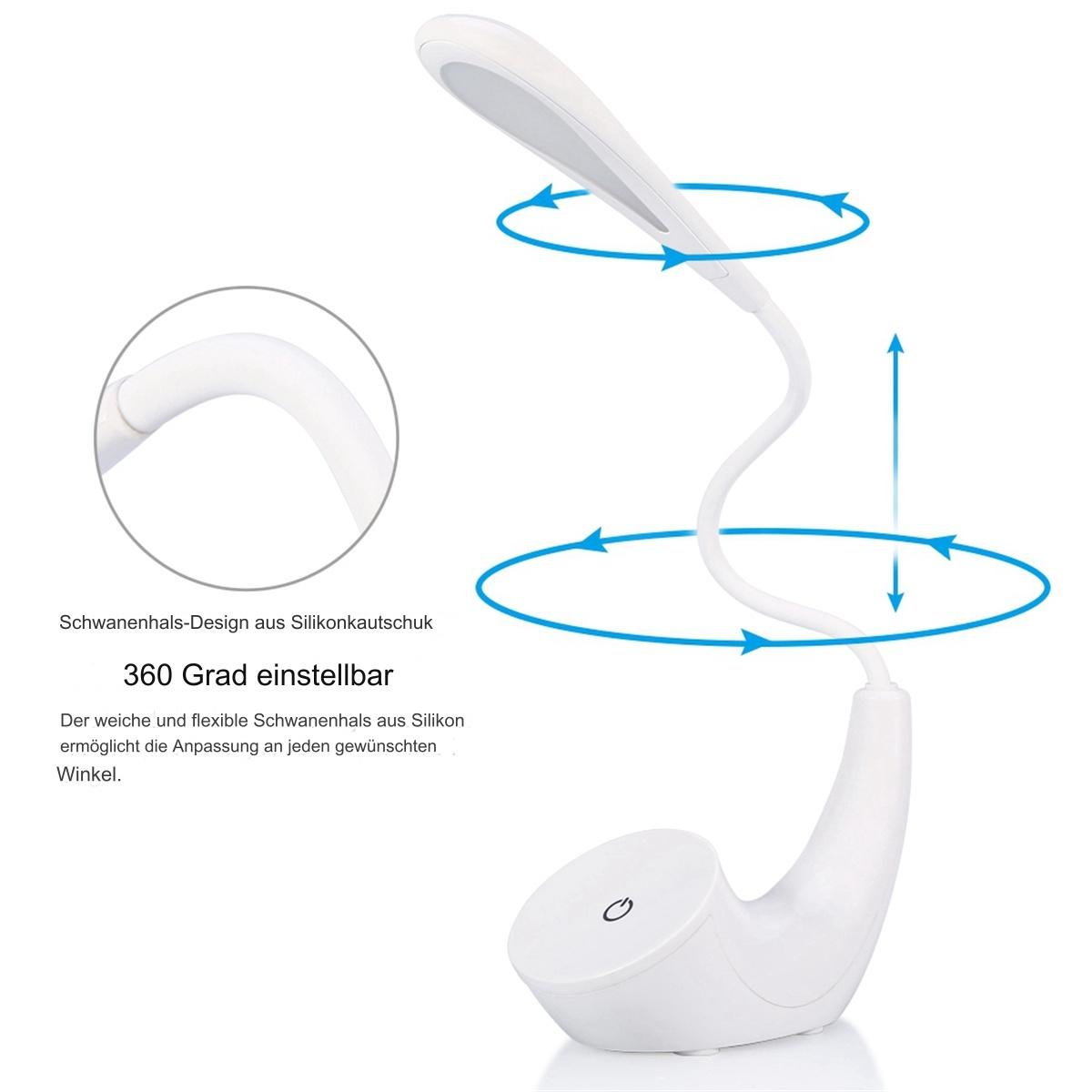 Weiße Schreibtischlampe mit flexiblem Hals, kreisförmige Pfeile zeigen Verstellbarkeit und Flexibilität an.