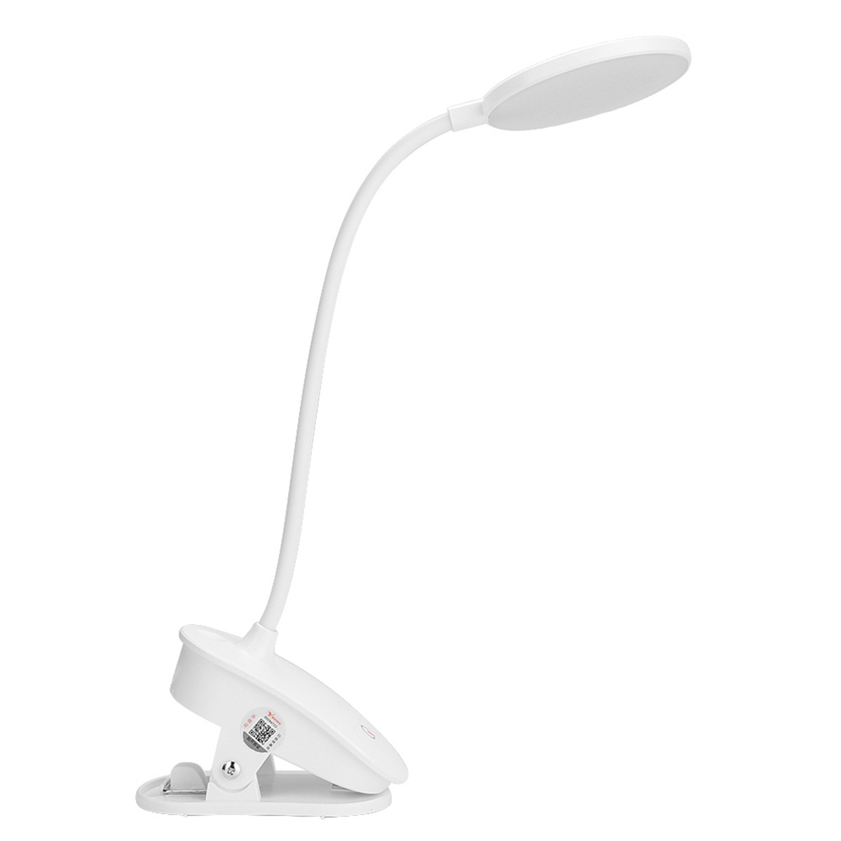 Eine weiße Clip-Schreibtischlampe mit flexiblem Hals und Licht, vor weißem Hintergrund.