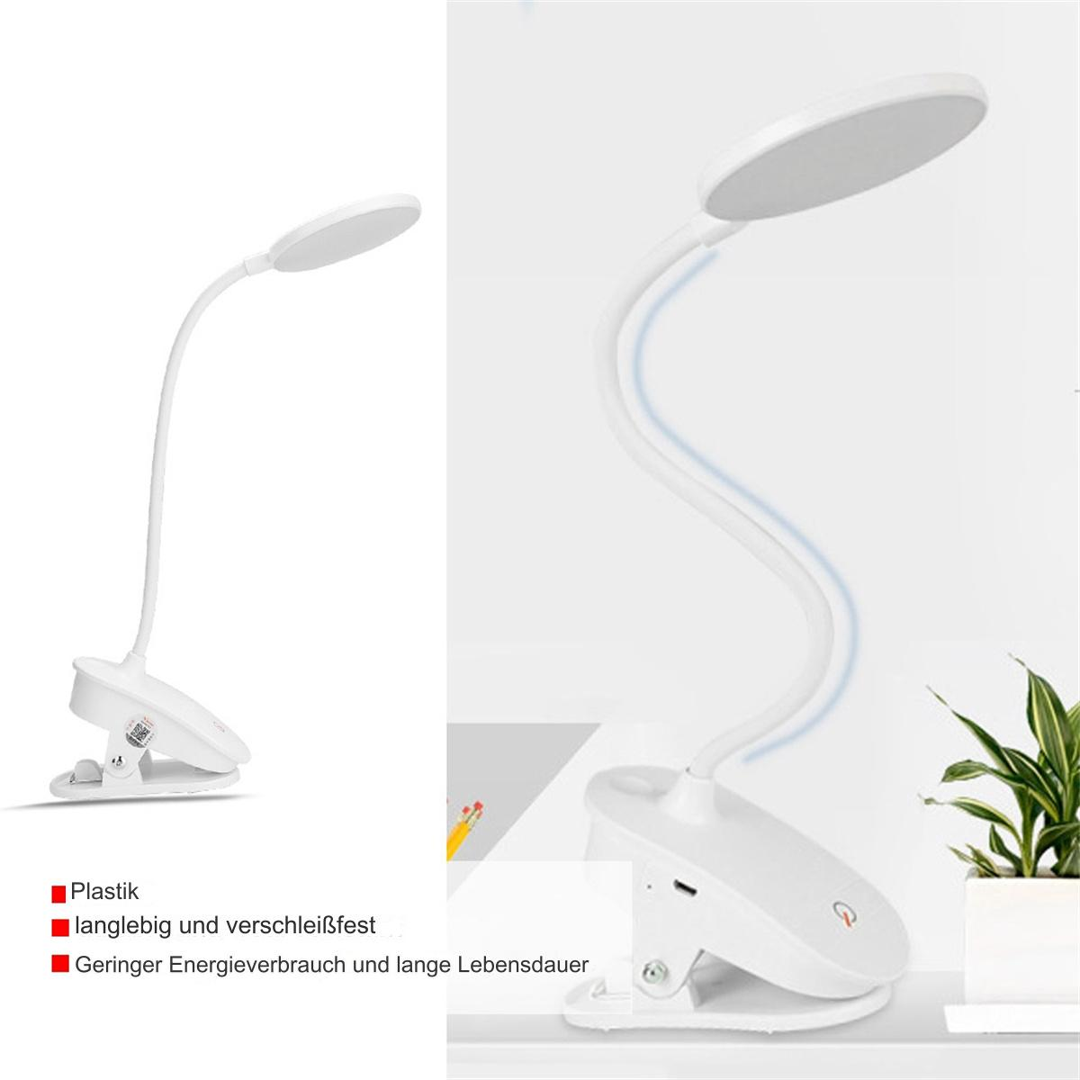 Zwei weiße Klemm-Schreibtischlampen mit flexiblen Hälsen, gezeigt mit Text und einer Pflanze.