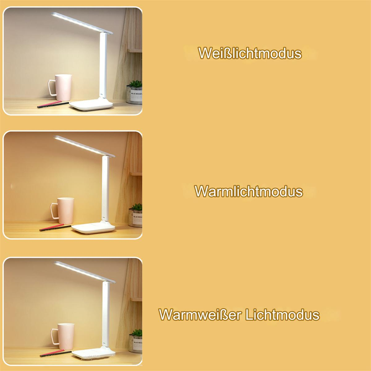 Drei weiße Schreibtischlampen mit verstellbaren Armen, jede mit einem anderen Lichtmodus beleuchtet, auf gelbem Hintergrund.
