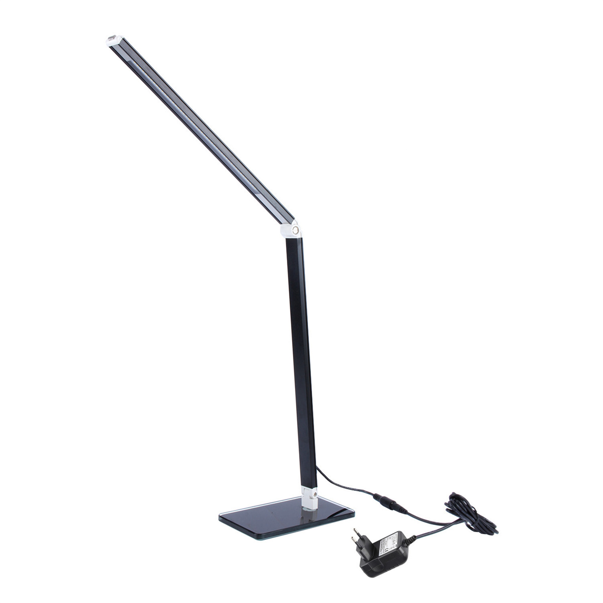 Moderne Schreibtischlampe: schwarz und silber. Rechteckiger Fuß, langer Arm, verstellbares Licht.