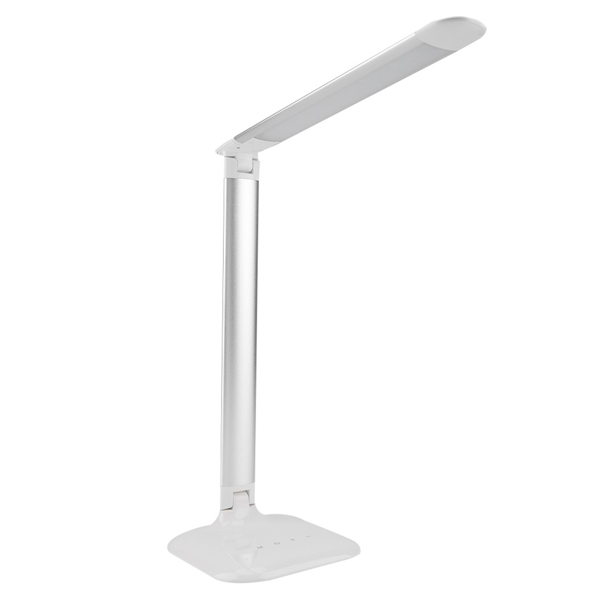 Weiße Schreibtischlampe mit verstellbarem Kopf. Der Sockel ist weiß und hat Touch-Bedienelemente. Silberner Stiel.