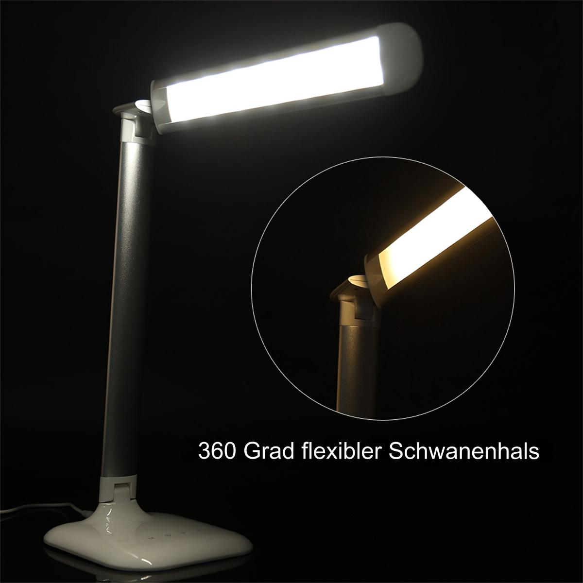 Moderne weiße Schreibtischlampe mit flexiblem Hals, beleuchtet, und Nahaufnahme des Halses.