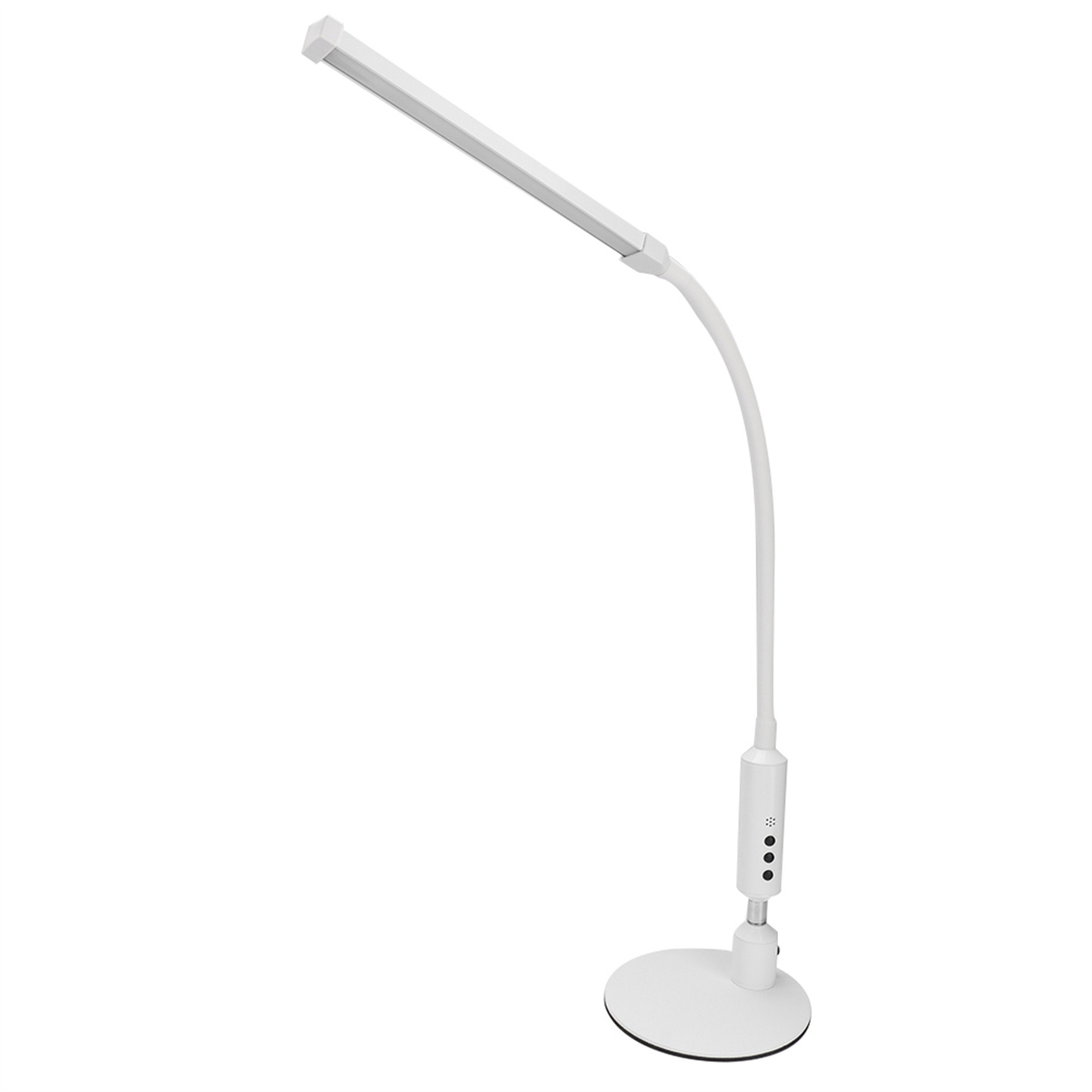Weiße Schreibtischlampe mit gebogenem Hals und rundem Fuß. Weißer Hintergrund.