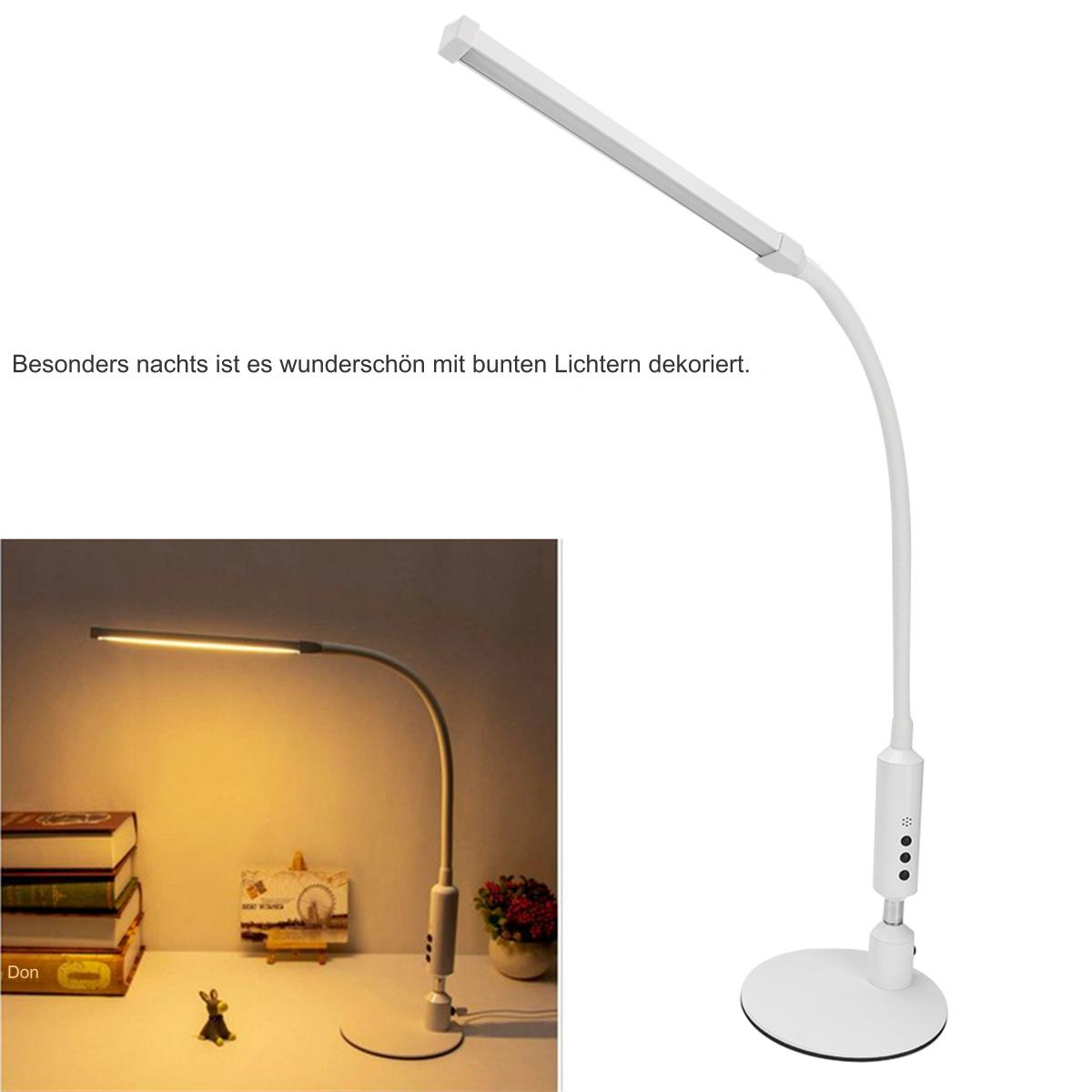 Weiße Schreibtischlampe mit gebogenem Hals und rechteckigem Lichtfeld.