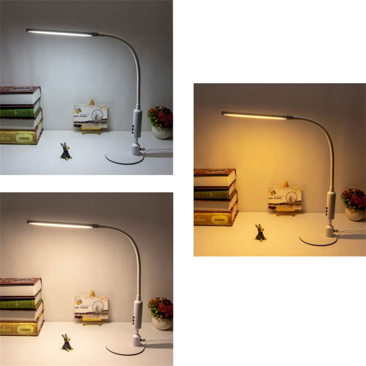 Drei Bilder: Schreibtischlampen, Bücher, Hasenfigur und ein kleiner Bilderrahmen auf einem Schreibtisch.