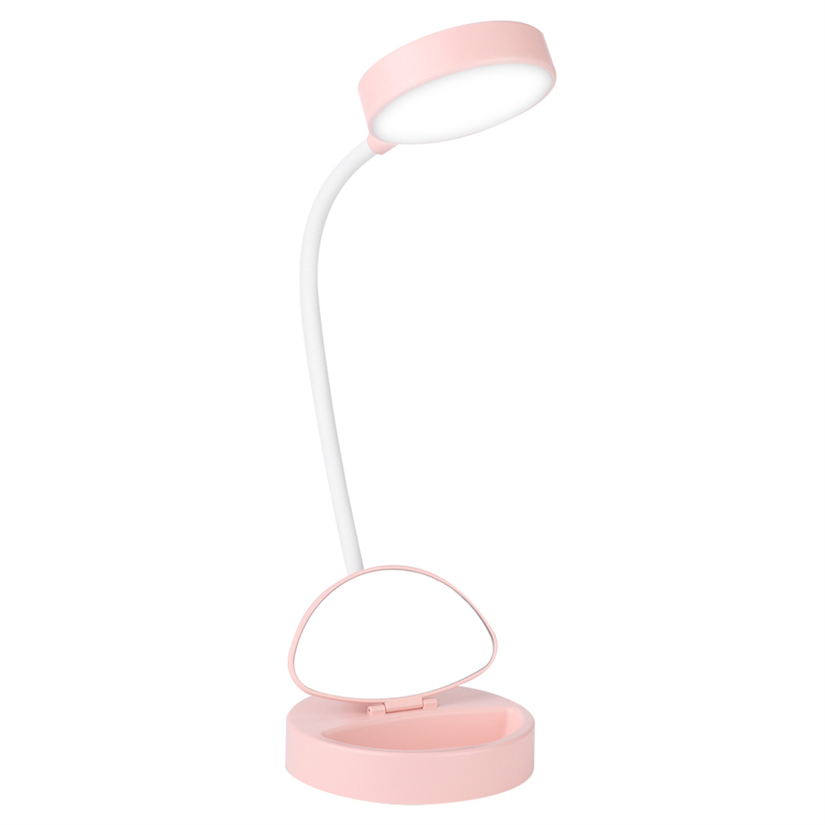 Eine rosa Schreibtischlampe mit Spiegel und kleiner Ablageschale. Weißer Hintergrund.