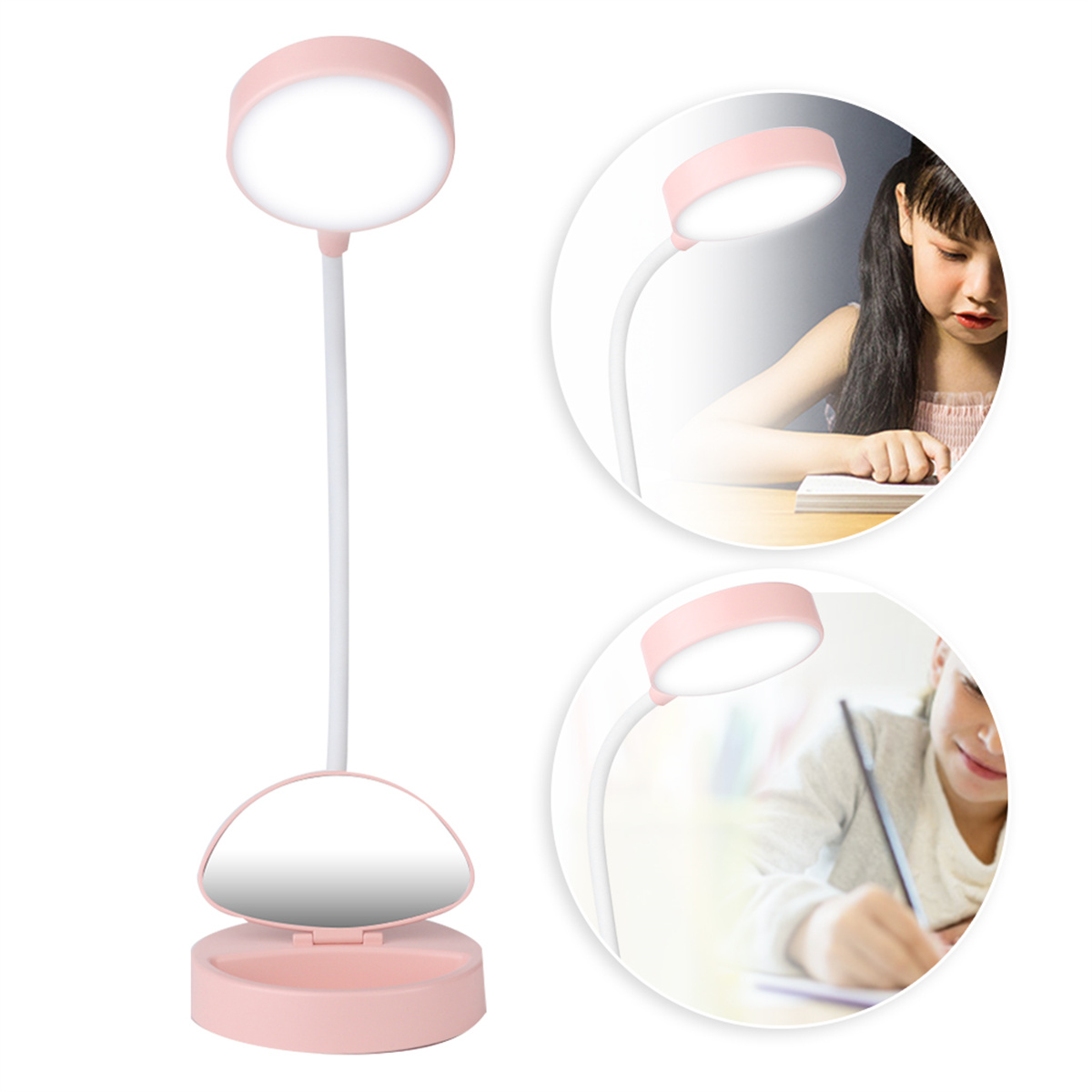 Eine rosa Schreibtischlampe mit Spiegel und zwei kreisförmigen Leuchtelementen.