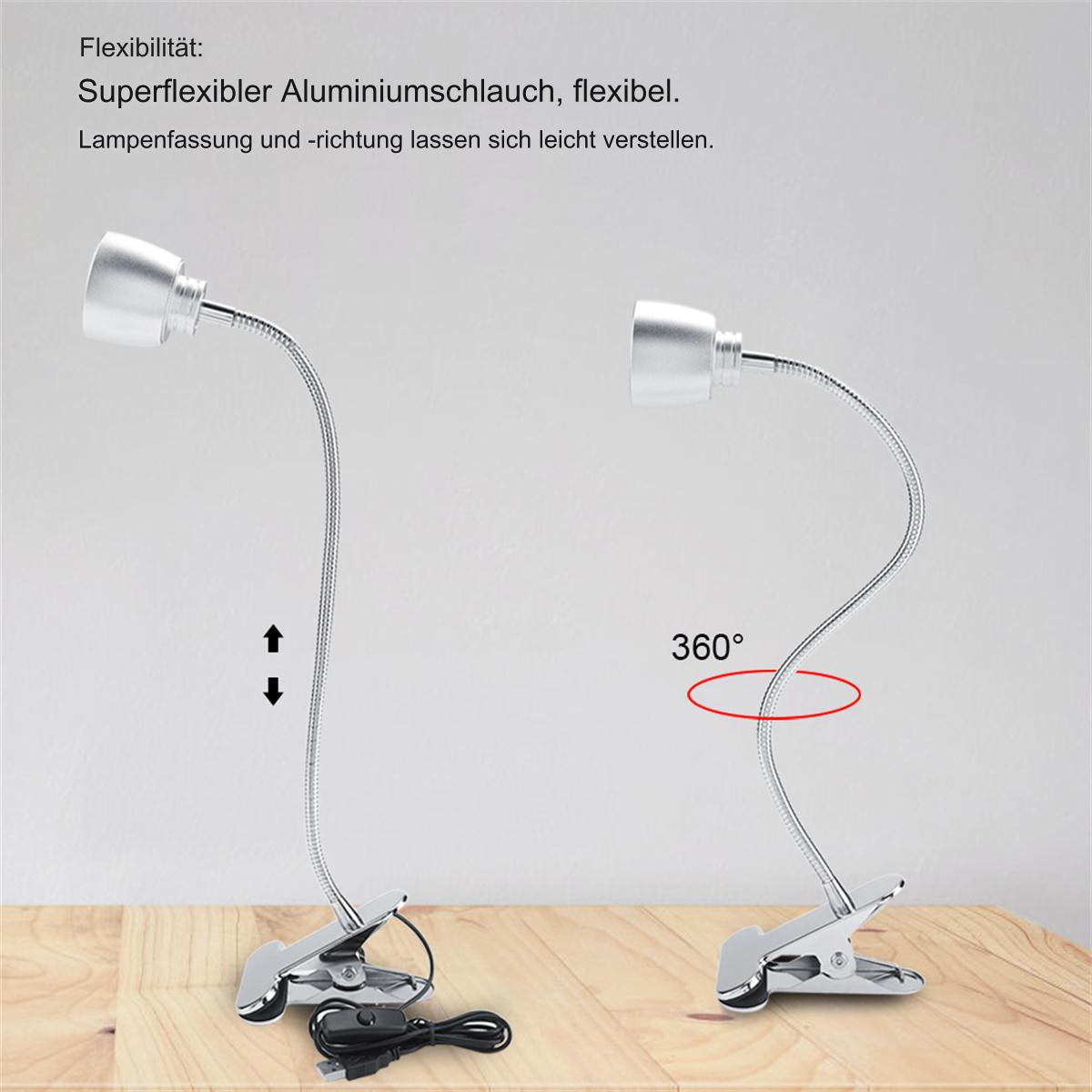 Zwei silberne Schreibtischlampen mit flexiblen Hälsen. Text beschreibt Flexibilität und Verstellbarkeit.