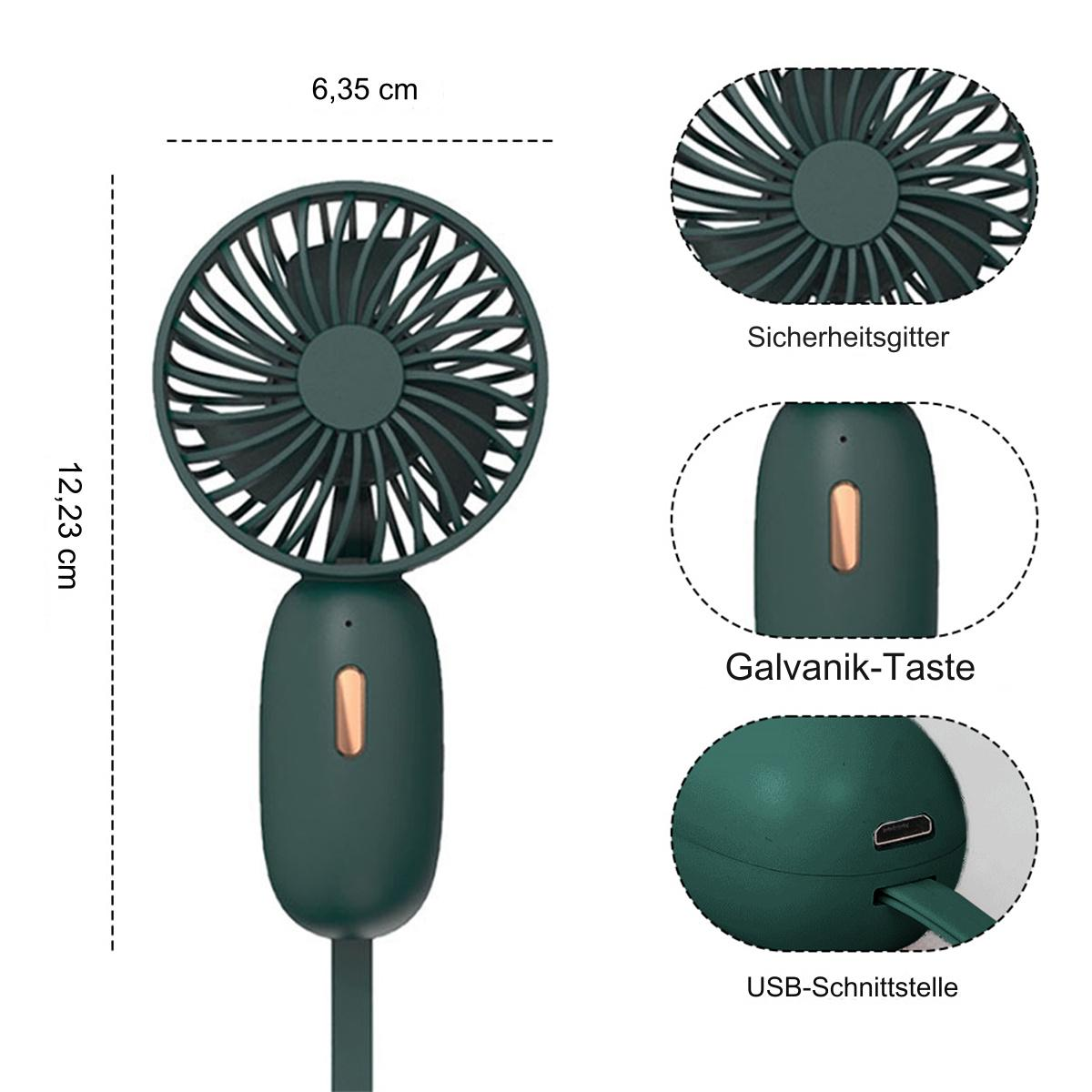 Grüner Handventilator, Maße angegeben. Details: Lüfterblätter, Steuertaste, USB-Anschluss.