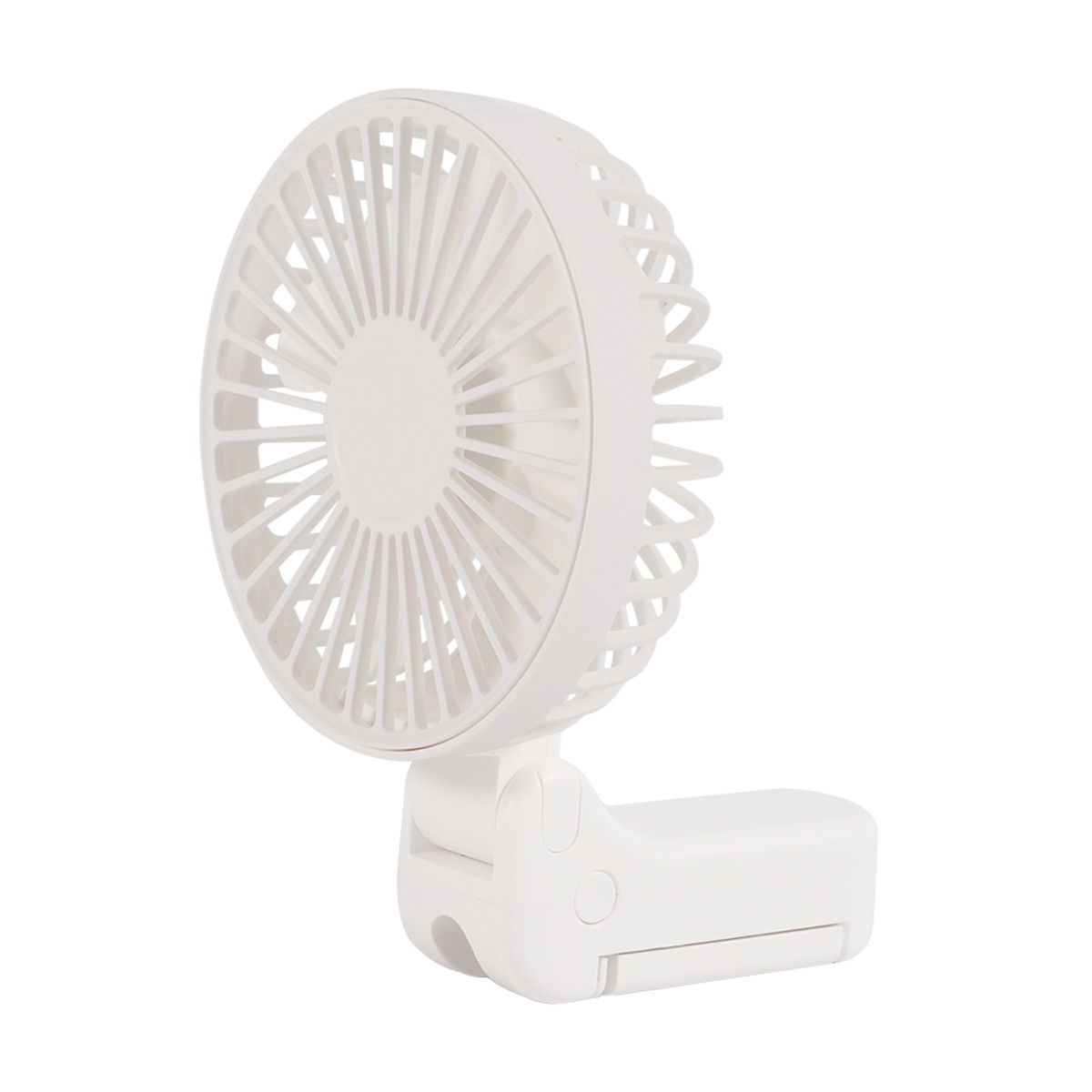 Weißer tragbarer Ventilator mit verstellbarem Ständer. Die Rotorblätter des Ventilators sind sichtbar.