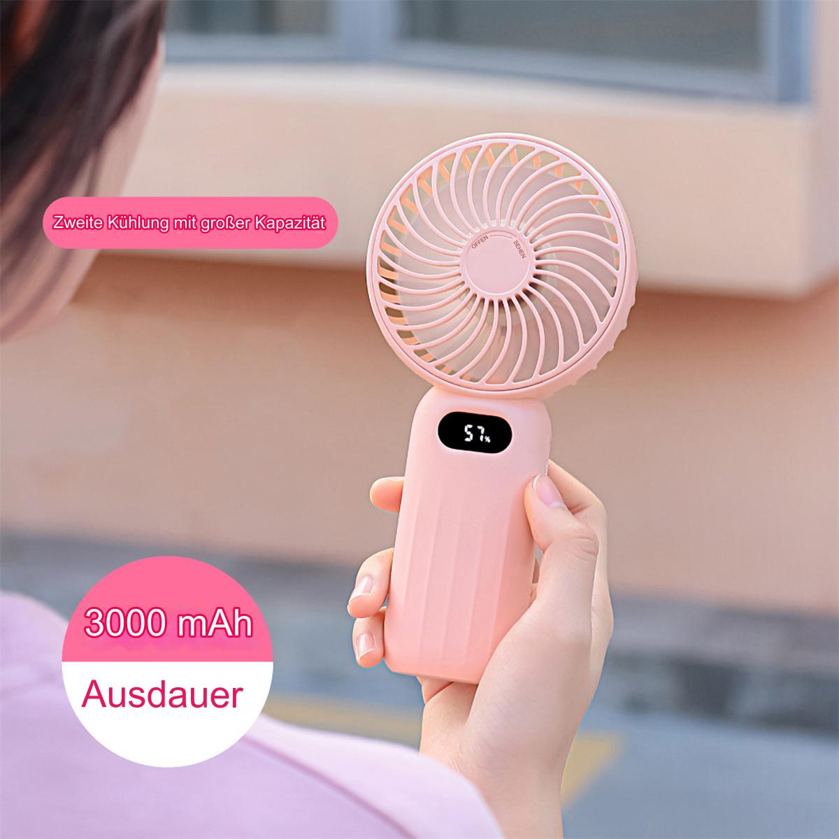 Ein pinkfarbener Handventilator. Der Ventilator hat ein digitales Display, das den Akkustand anzeigt.