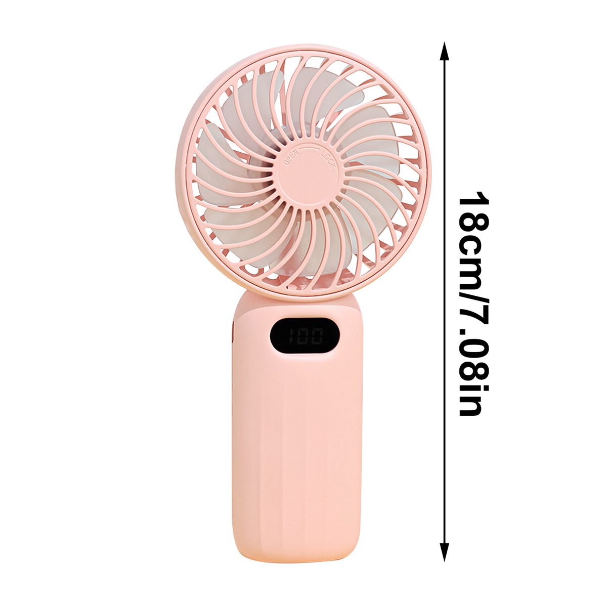Rosa Handventilator mit Digitalanzeige. Er hat einen Griff und ein Schutzgitter. Der Ventilator ist 18 cm lang.