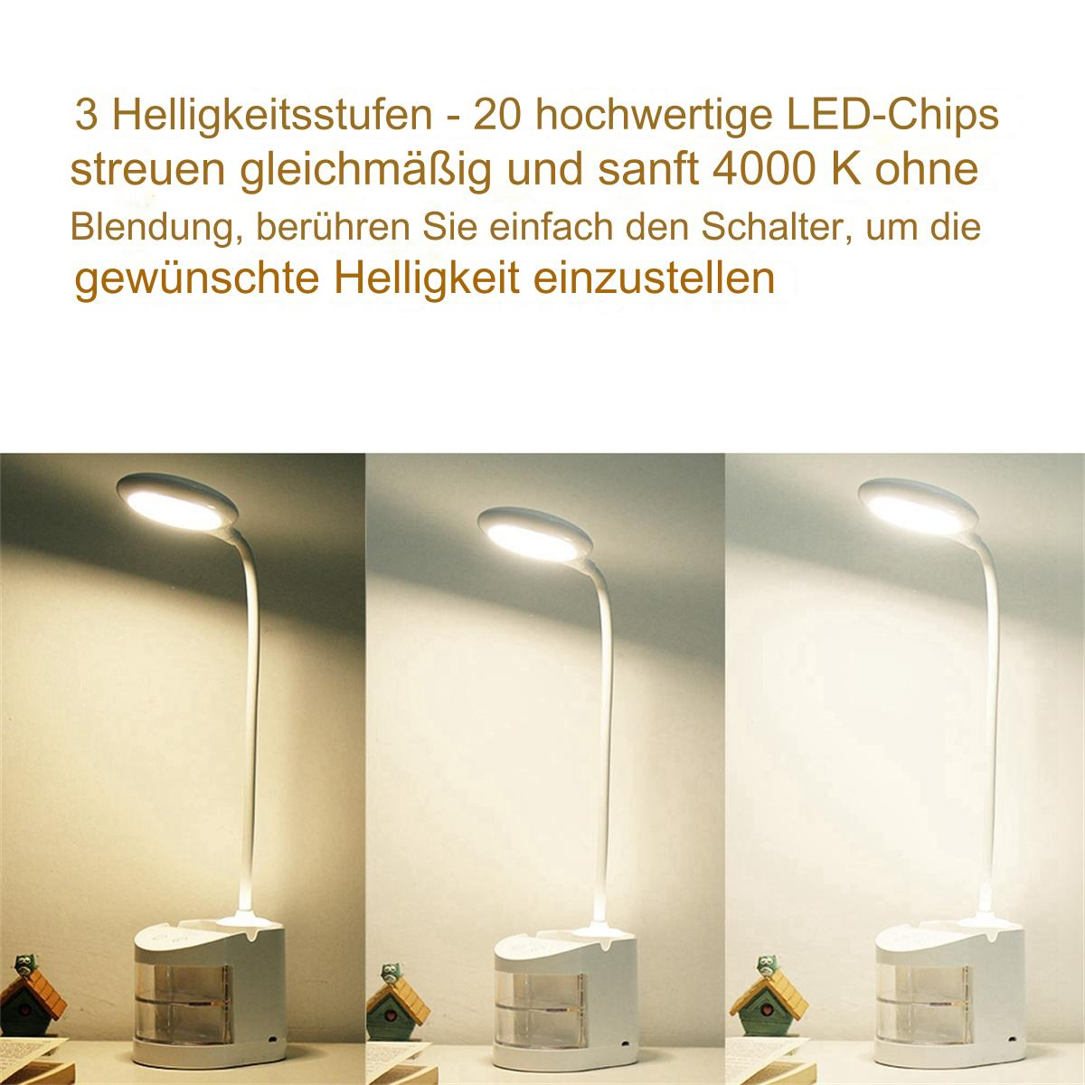 Drei weiße Schreibtischlampen mit einstellbarem Licht, jede mit unterschiedlicher Helligkeit. Kleine Häuser im Hintergrund.