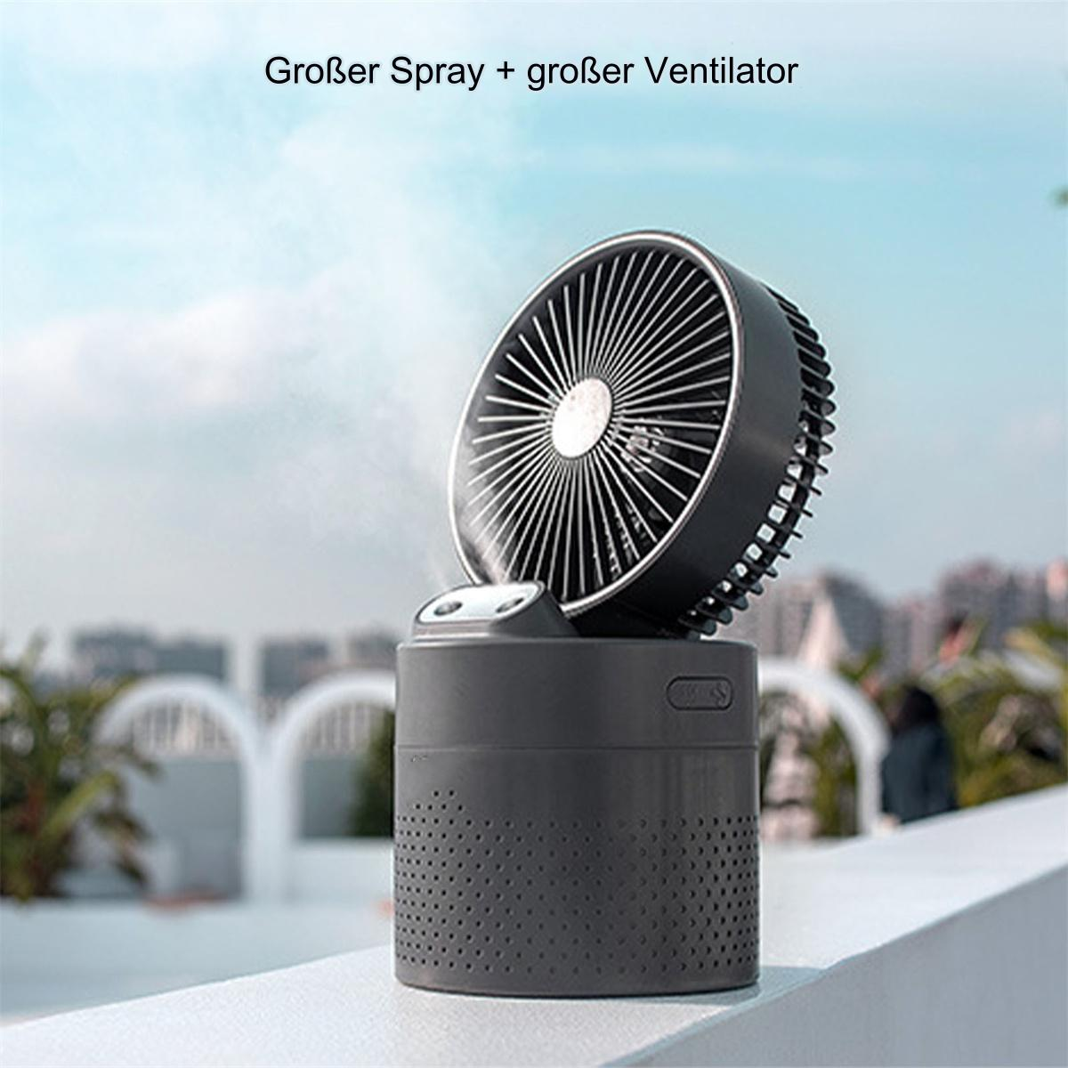Ein grauer Ventilator mit Sprühfunktion, platziert auf einer Mauer. Himmel im Hintergrund.