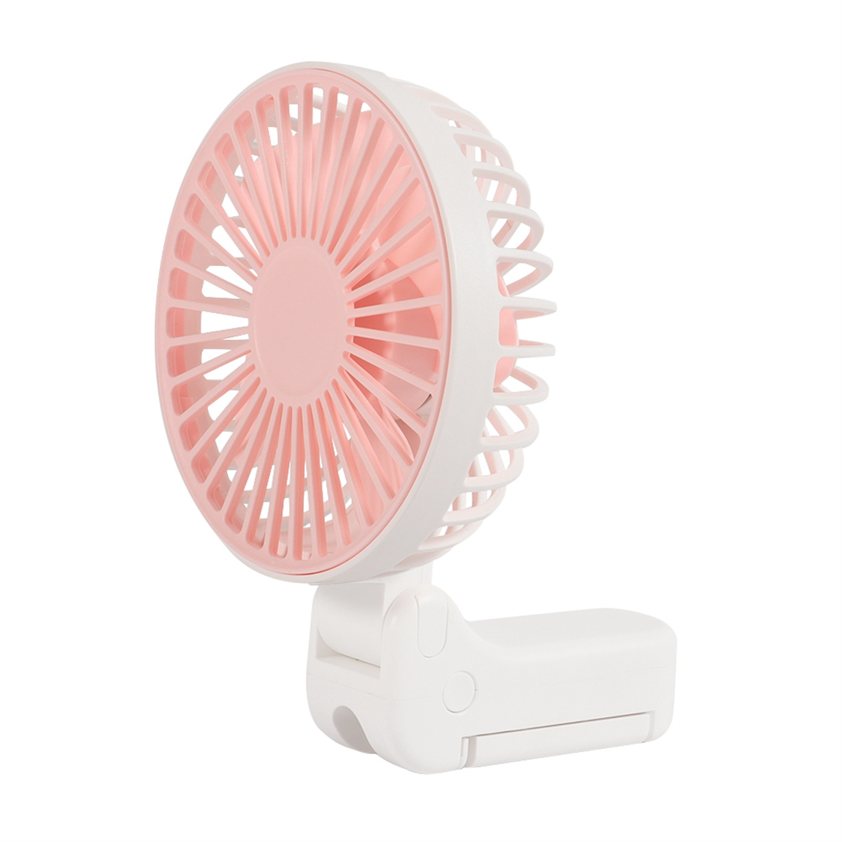 Rosa-weißer tragbarer Ventilator, nach links gerichtet. Weißer Hintergrund.