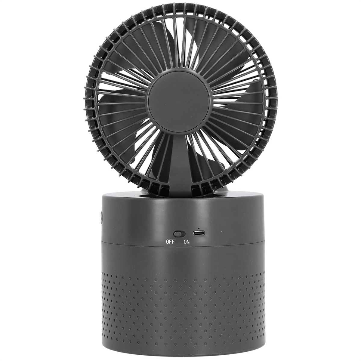 Schwarzer Schreibtischventilator mit Flügeln, rundem Sockel und Knöpfen, isoliert.