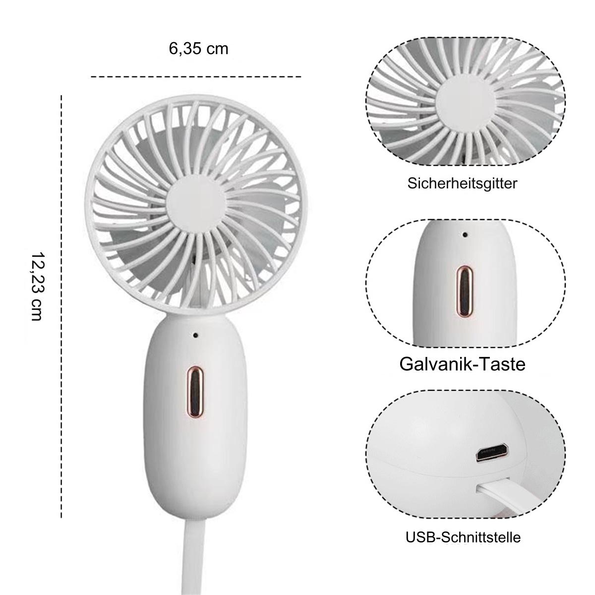 Weißer Handventilator mit Abmessungen und Diagrammen von Teilen.