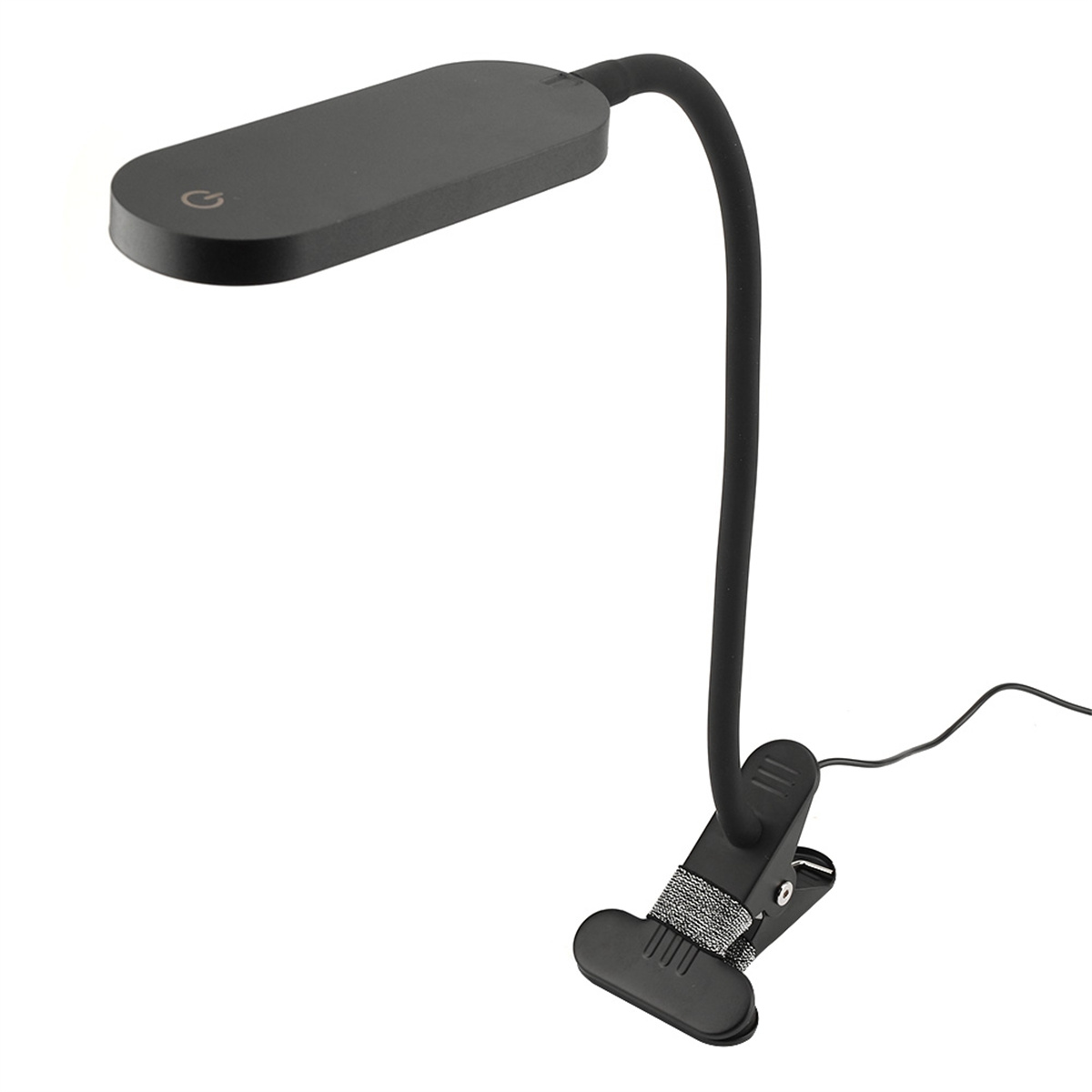 Schwarzes Clip-on-Leselicht. Es hat einen flexiblen Hals und einen flachen, rechteckigen Leuchtkopf.