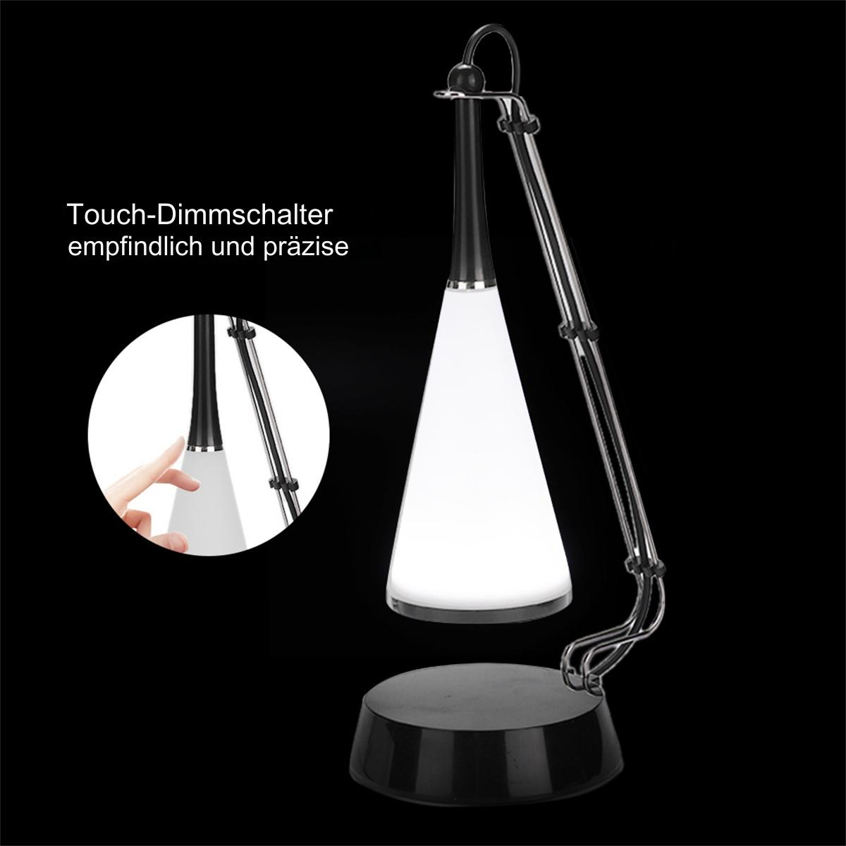 Eine schwarz-weiße Schreibtischlampe mit kegelförmigem Leuchtkopf auf schwarzem Sockel.