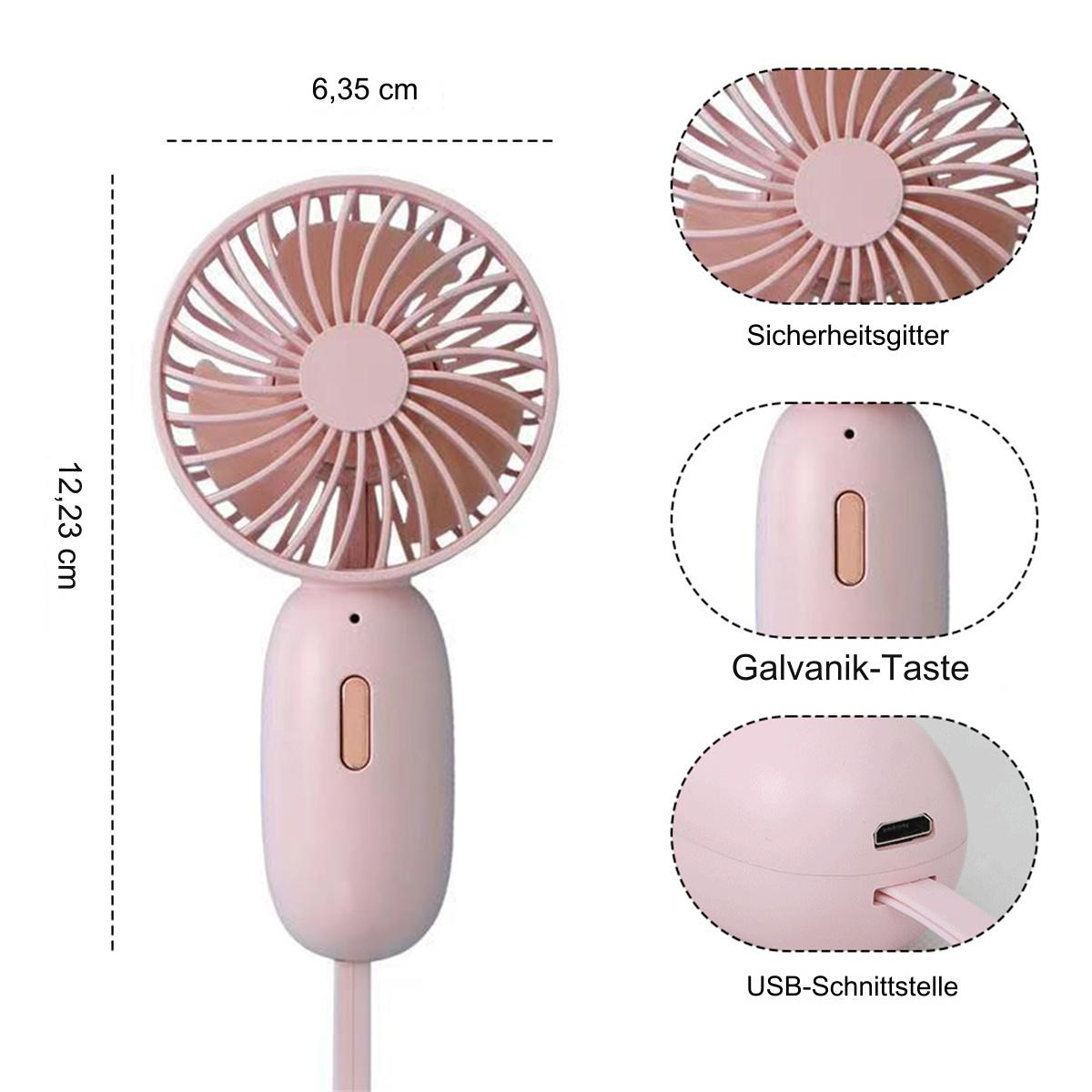 Rosa tragbarer Ventilator mit Maßen. Details: Lüfter, Schutzgitter, USB, Taste.