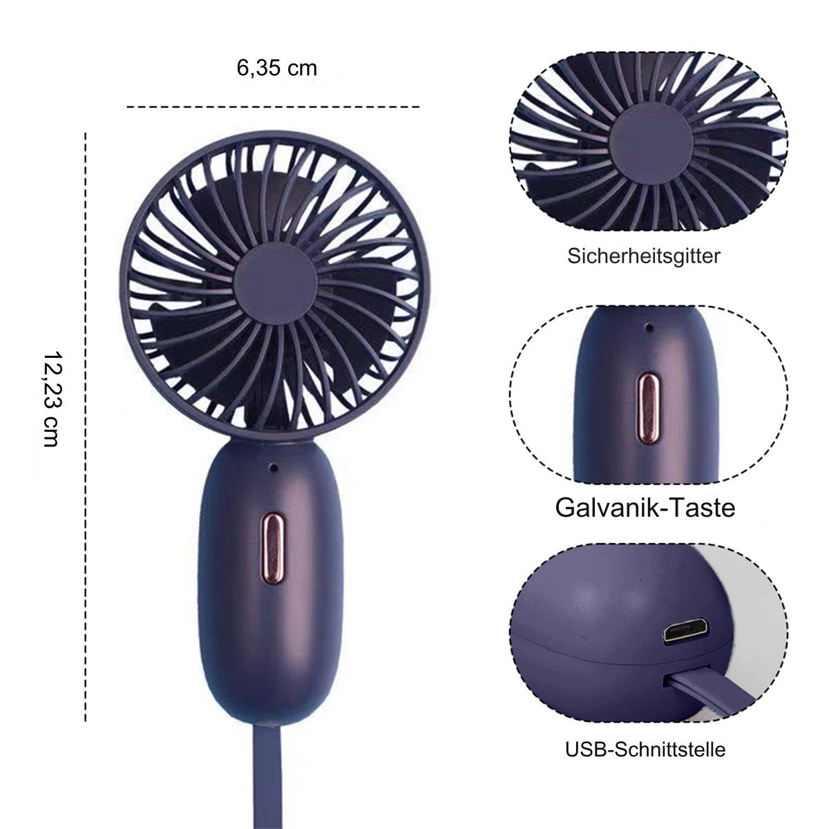 Ein lila tragbarer Ventilator mit Abmessungen und Funktionen. Mit Knopf und USB-Anschluss.