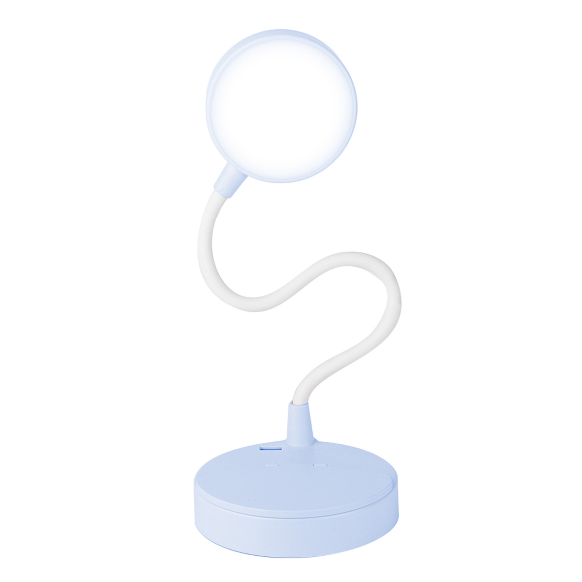 Eine blaue Schreibtischlampe mit rundem Licht und gebogenem Hals.
