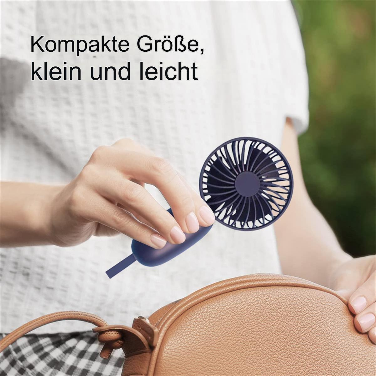 Person hält kleinen blauen Ventilator über braune Tasche, Text: 'Kompakte Größe, klein und leicht'.