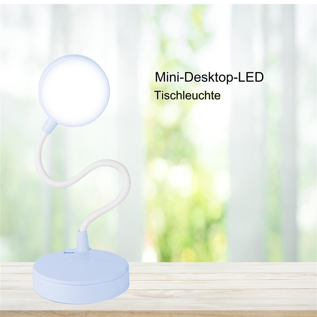 Blaue Schreibtischlampe mit kreisförmigem Licht. Sie hat einen flexiblen Hals und steht auf einem Holztisch.