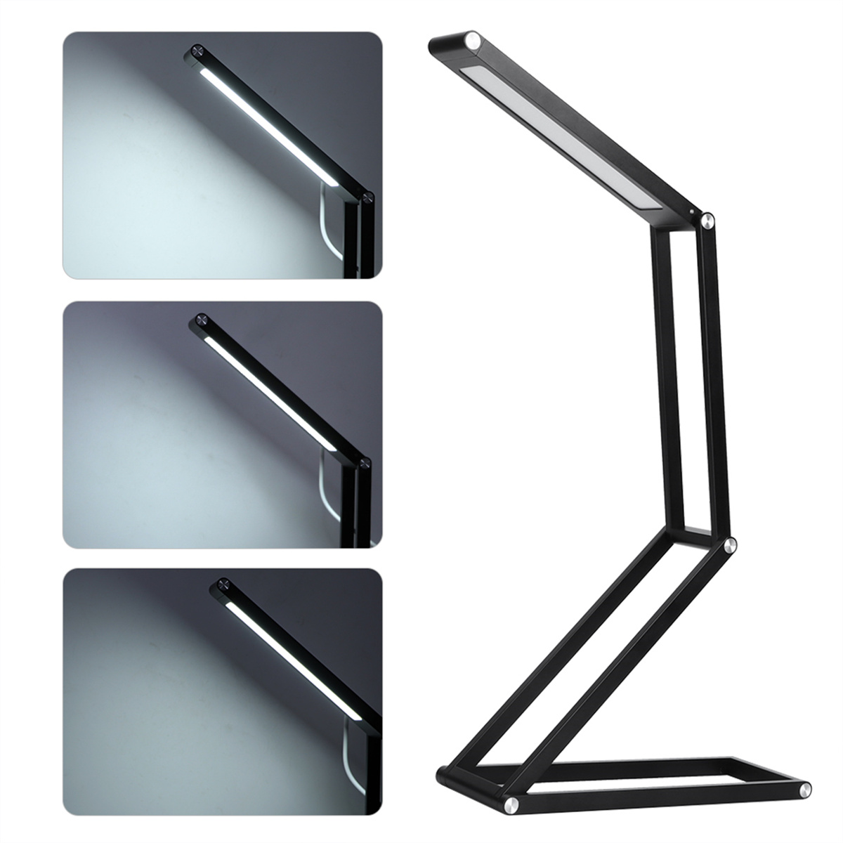 Schwarze verstellbare Schreibtischlampe, die drei verschiedene Helligkeitsstufen des Lichts zeigt.