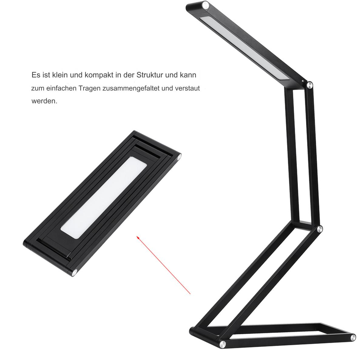 Schwarze, faltbare LED-Schreibtischlampe, zeigt zwei Teile, mit weißem Licht.