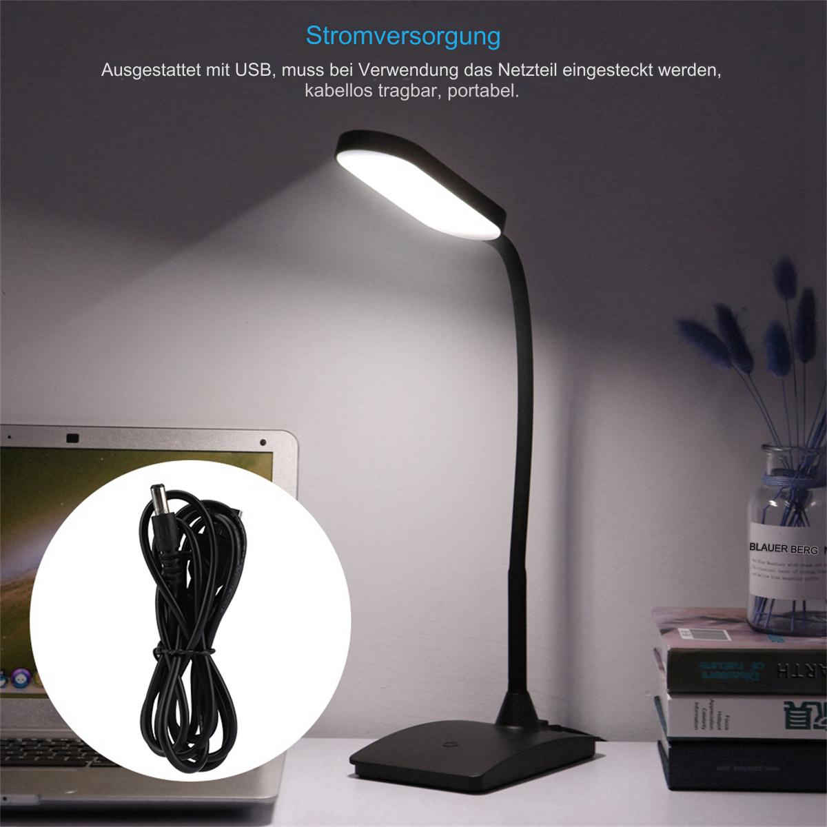 Schwarze Schreibtischlampe mit flexiblem Hals. USB-Ladekabel. Weißer Hintergrund.
