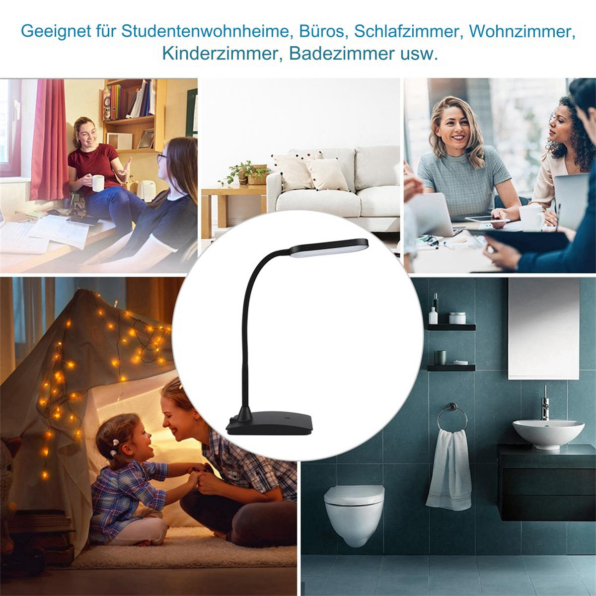 Eine schwarze Schreibtischlampe steht inmitten anderer Bilder, die verschiedene Innenszenen zeigen.