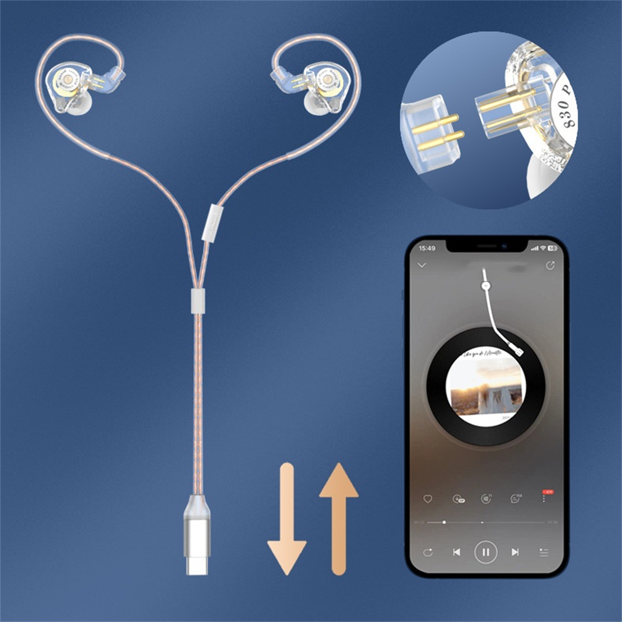 Kopfhörer und ein Smartphone. Das Telefon zeigt Musiksteuerung und einen Titel.