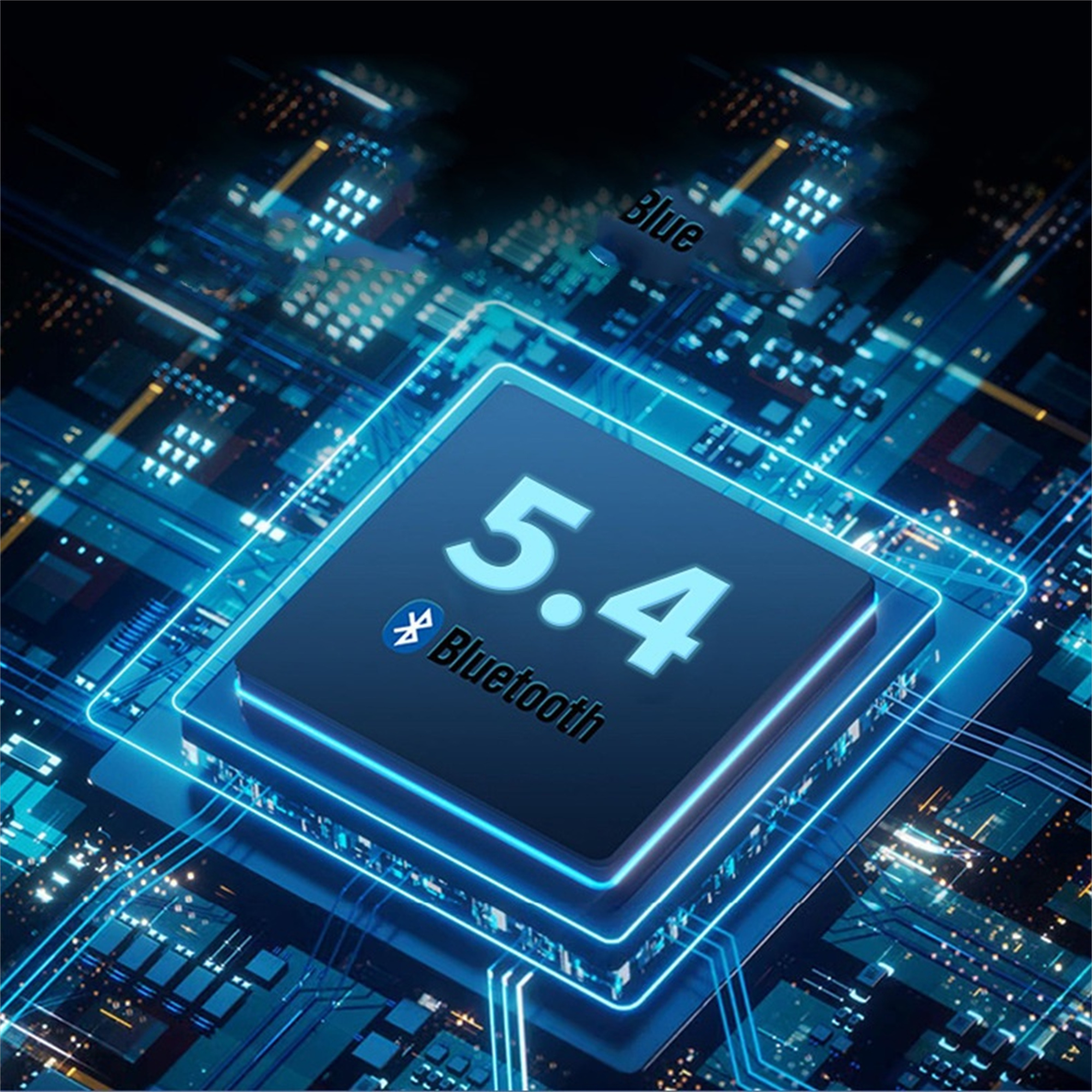 Nahaufnahme einer blauen Leiterplatte mit Bluetooth-Symbol und der Zahl 5.4.