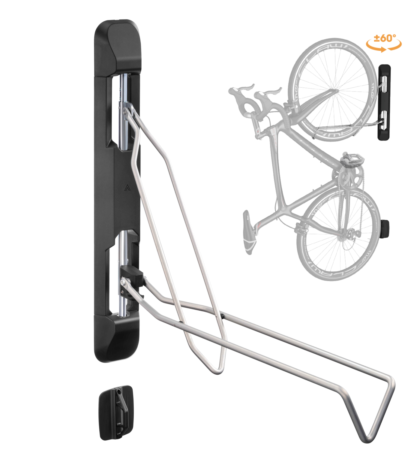 Zwarte aan de muur gemonteerde fietsenrek met fietssilhouet. Het rek houdt de fiets verticaal.
