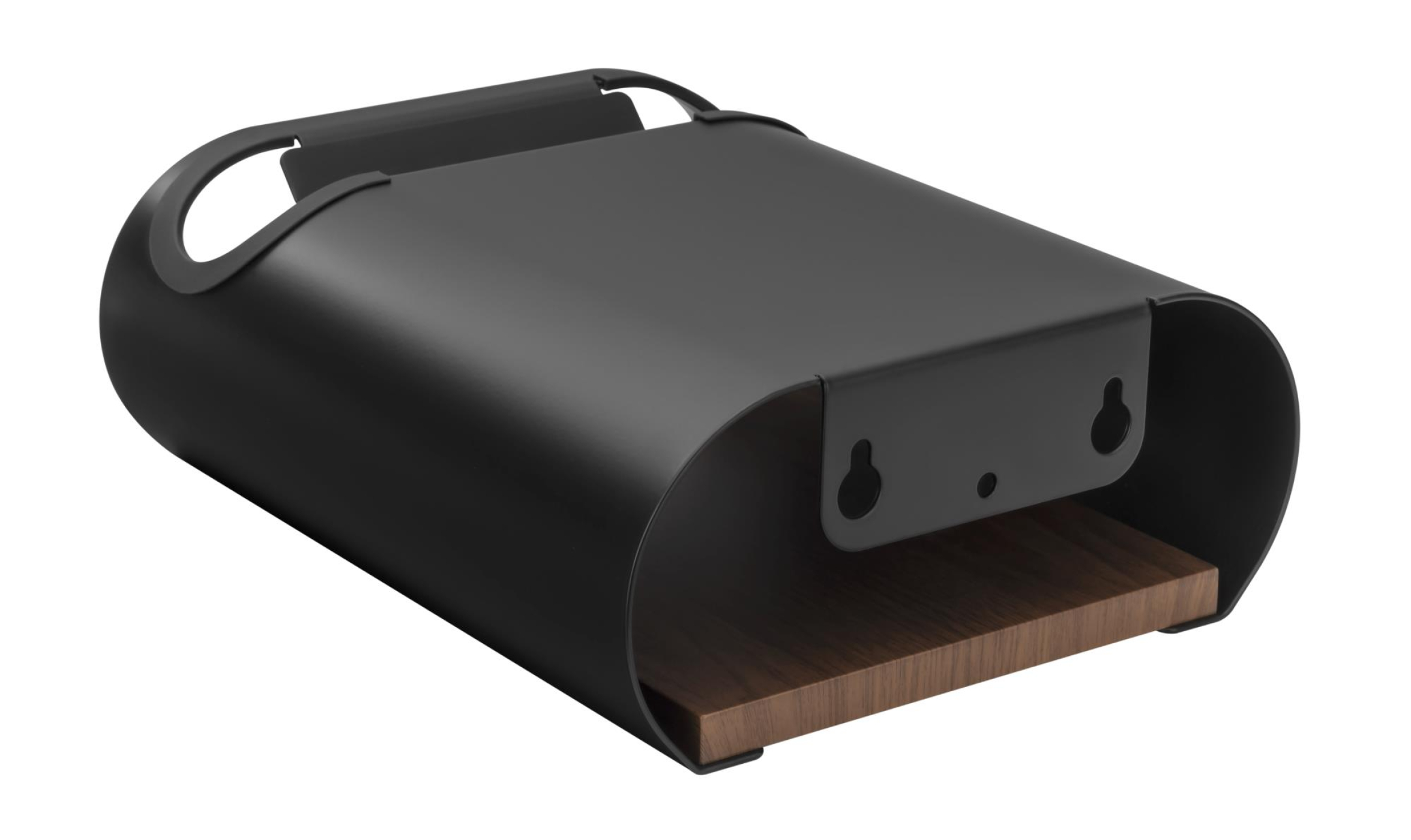 Zwart gebogen plankje met houten basis en handvat. Witte achtergrond.