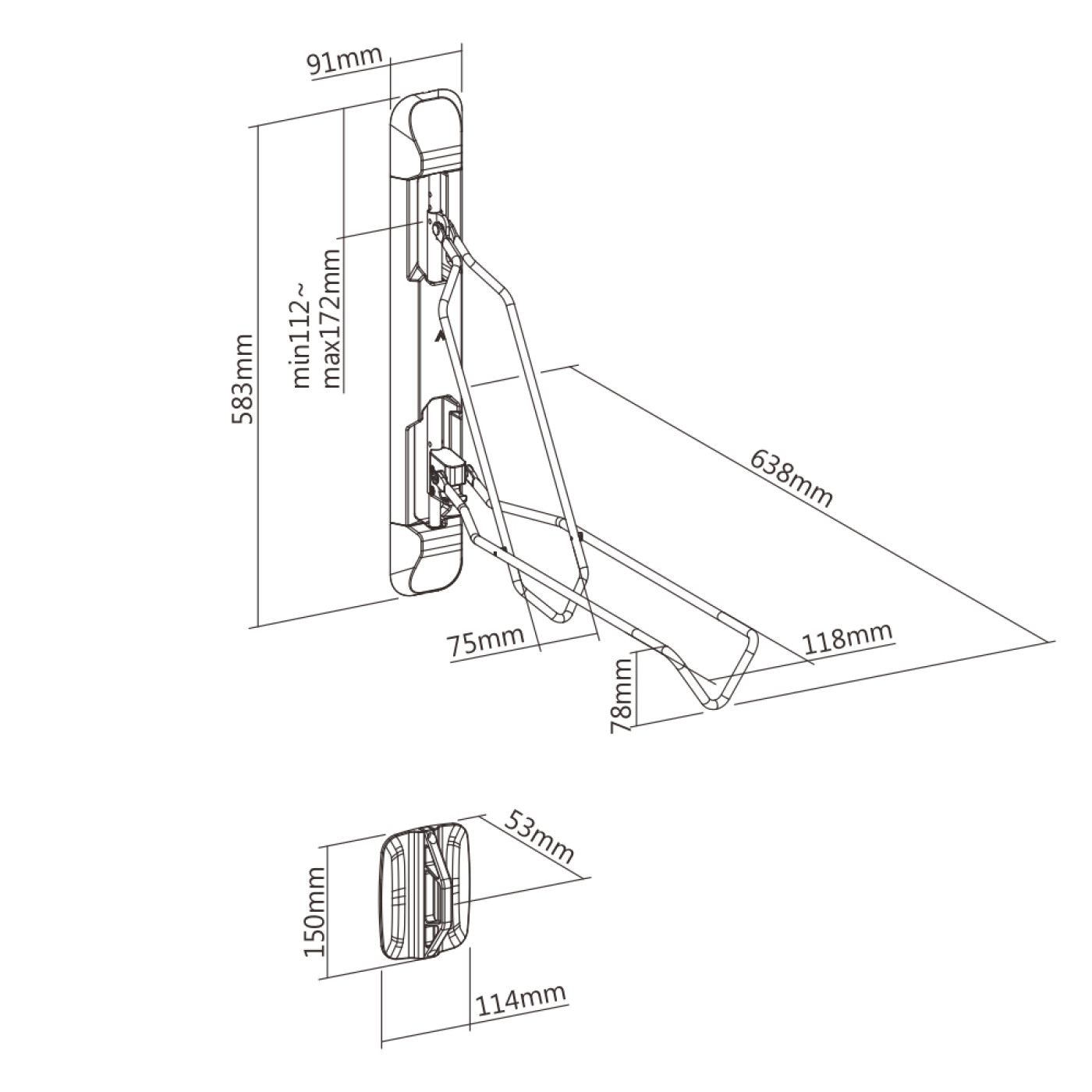 Technische tekening van een fietsmuurbevestiging met afmetingen. De bevestiging is wit en heeft een metalen frame.