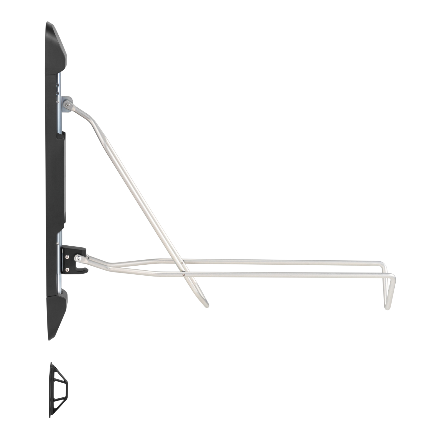 Een wandbeugel, zwart aan de linkerkant, met een zilveren metalen arm die naar rechts uitsteekt.