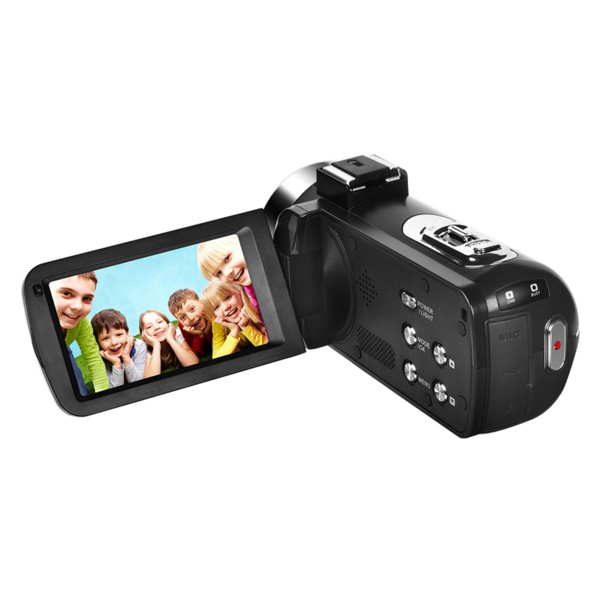 Ein schwarzer Camcorder zeigt ein Video von lächelnden Kindern. Tasten und ein Bildschirm sind sichtbar.