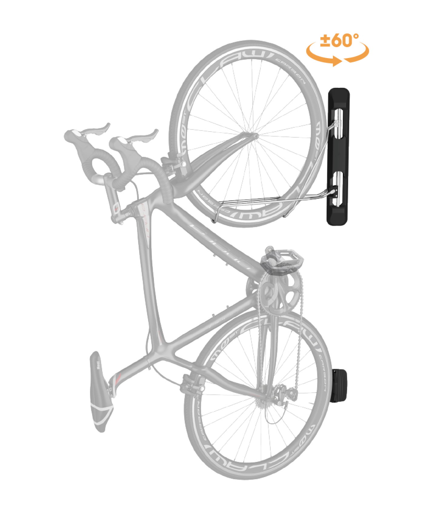 Fietsenrek met fiets. Fiets is grijs, rek is zwart. De fiets staat tegen de muur.