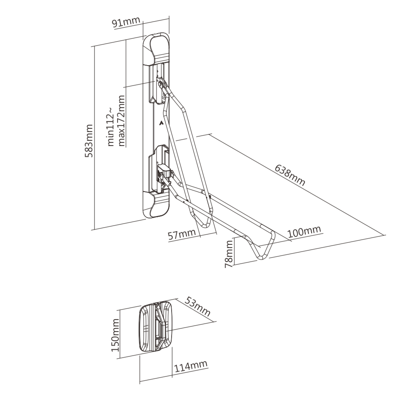 Diagram van fietsenrek met afmetingen, zwart en zilver, witte achtergrond.