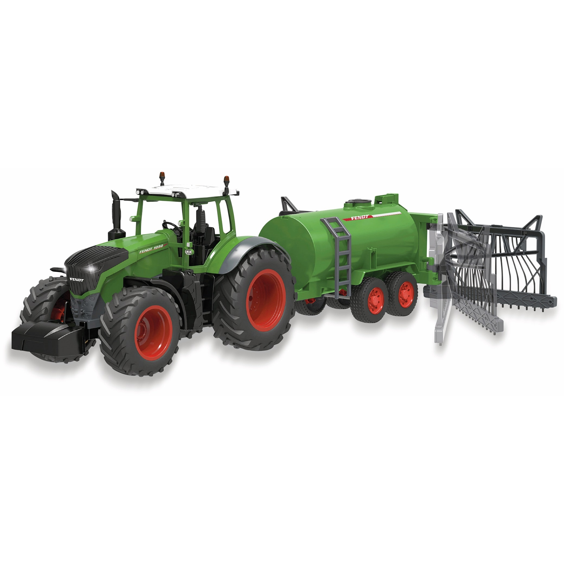 Ein grüner Fendt-Traktor zieht einen grünen Tankwagen mit einem schwarzen Anbaugerät. Rote Räder.