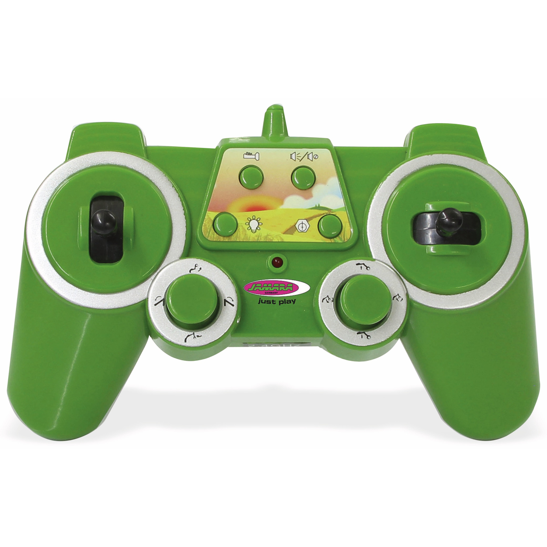 Eine grüne Fernbedienung mit Knöpfen und Drehreglern wird gezeigt. Der Text 'Just Play' steht auf dem Gerät.