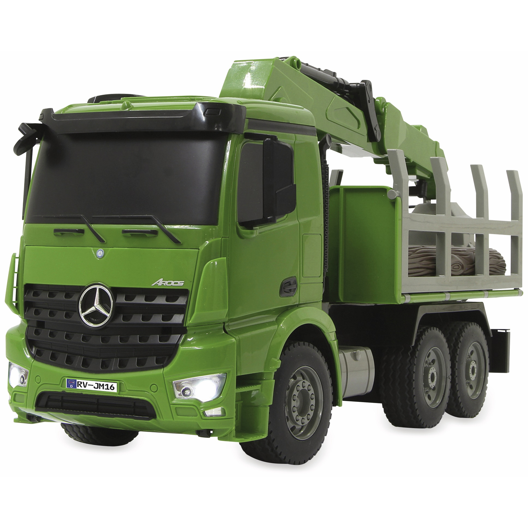Grüner Spielzeug-LKW mit Kran. Weißer Hintergrund.