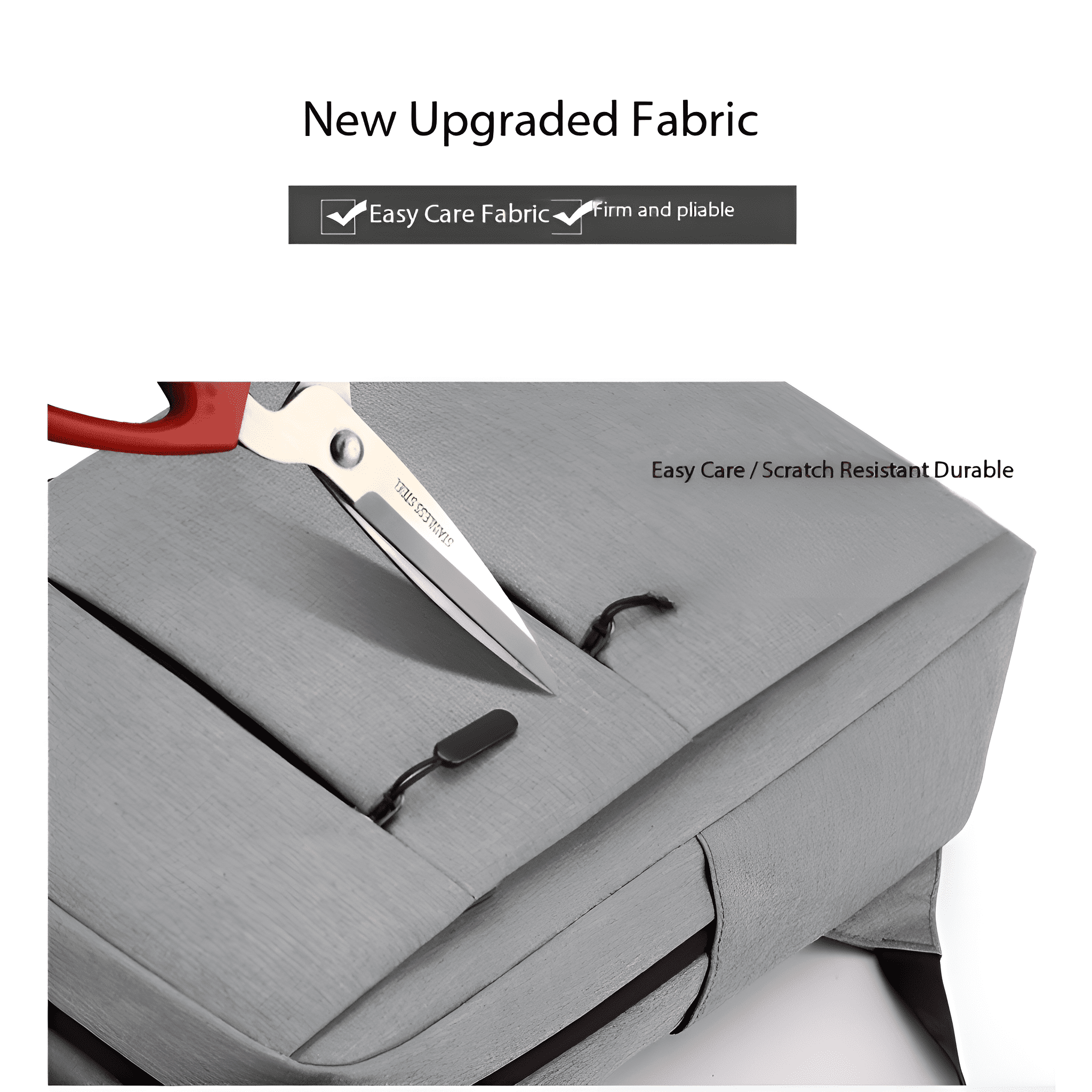 Schere schneidet einen grauen Rucksack. Text sagt 'Easy Care Fabric' und 'Firm and pliable'.