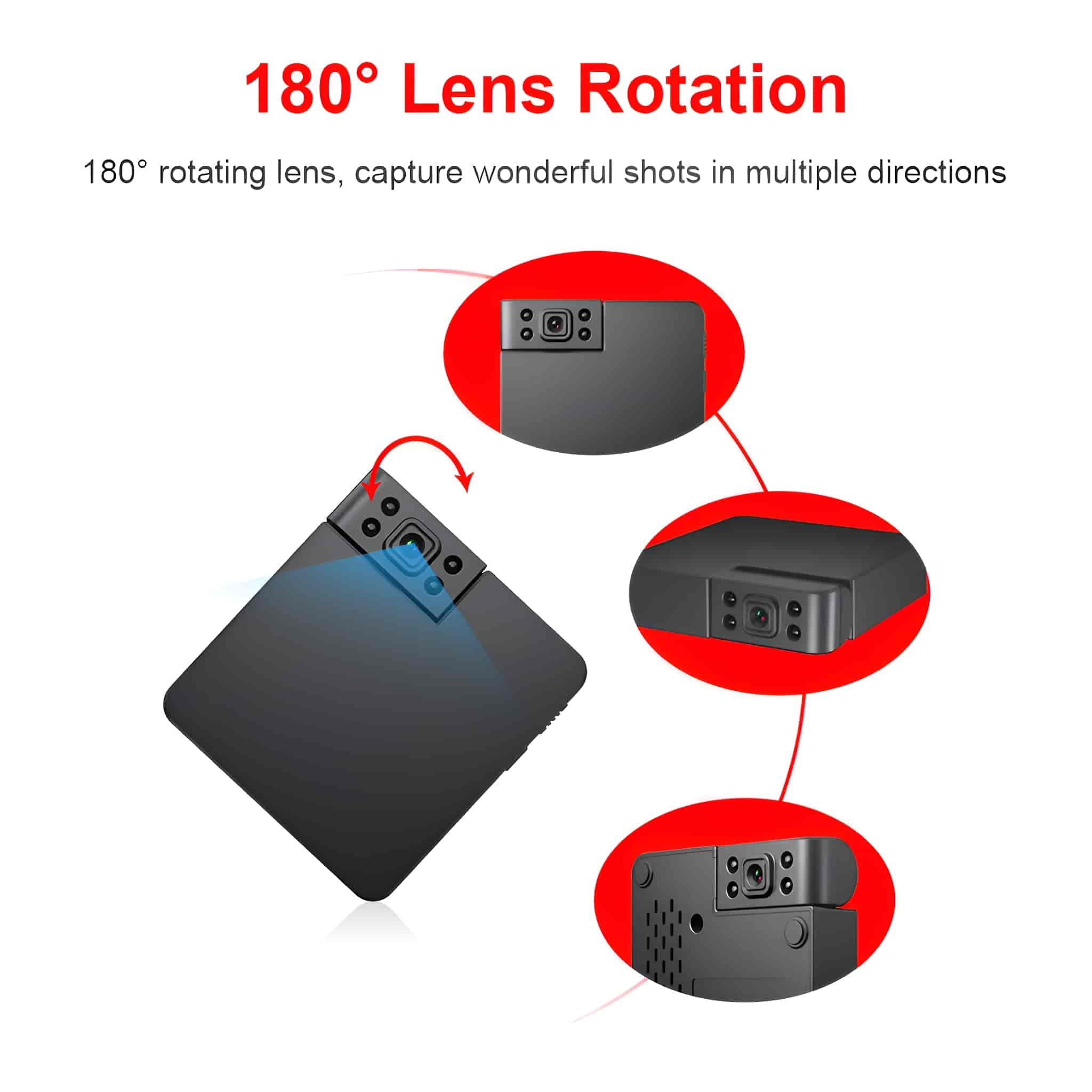 Schwarze Kamera mit 180° Linsenrotation, Diagramme zeigen verschiedene Winkel. Roter Text beschreibt die Funktion.