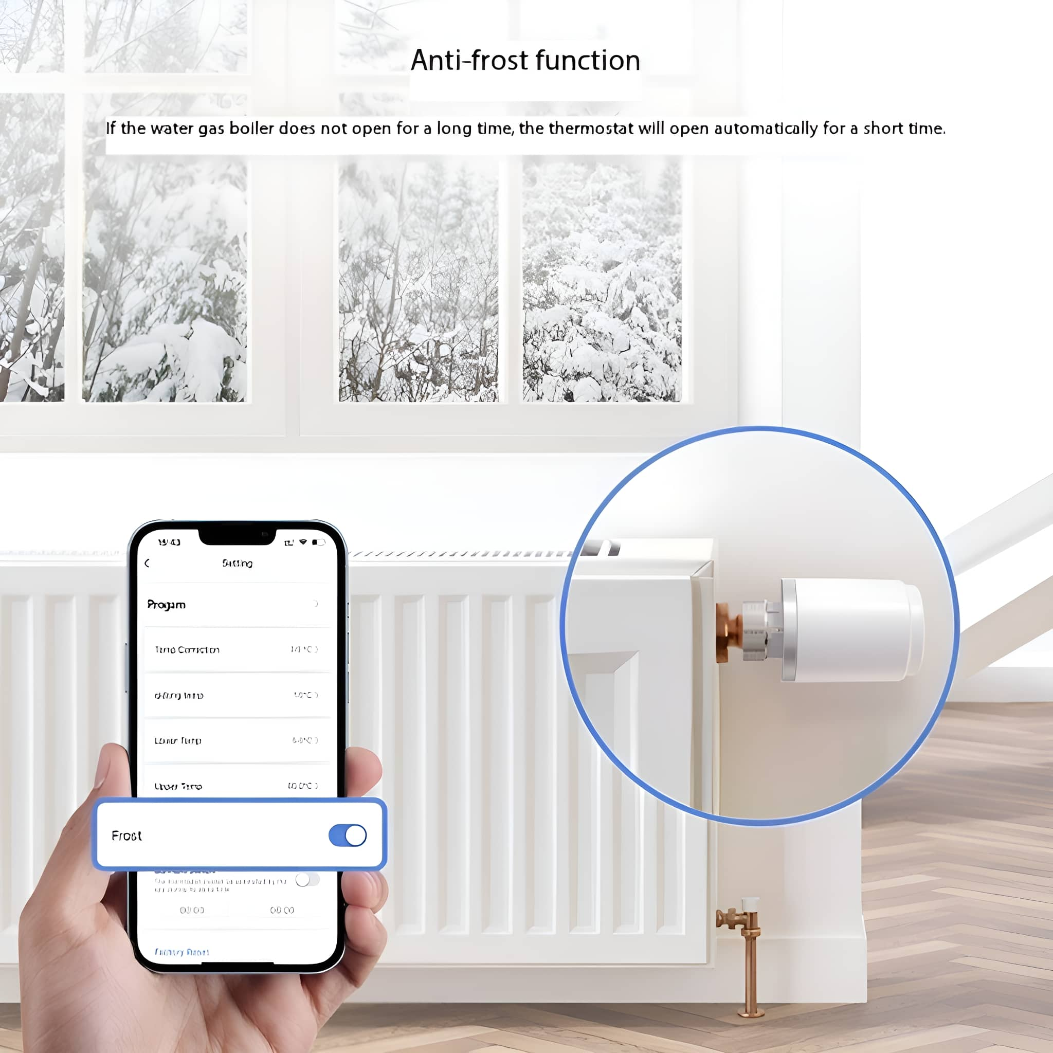 Smartphone-Bildschirm mit Heizungssteuerung, Heizkörperventil und verschneitem Fenster.