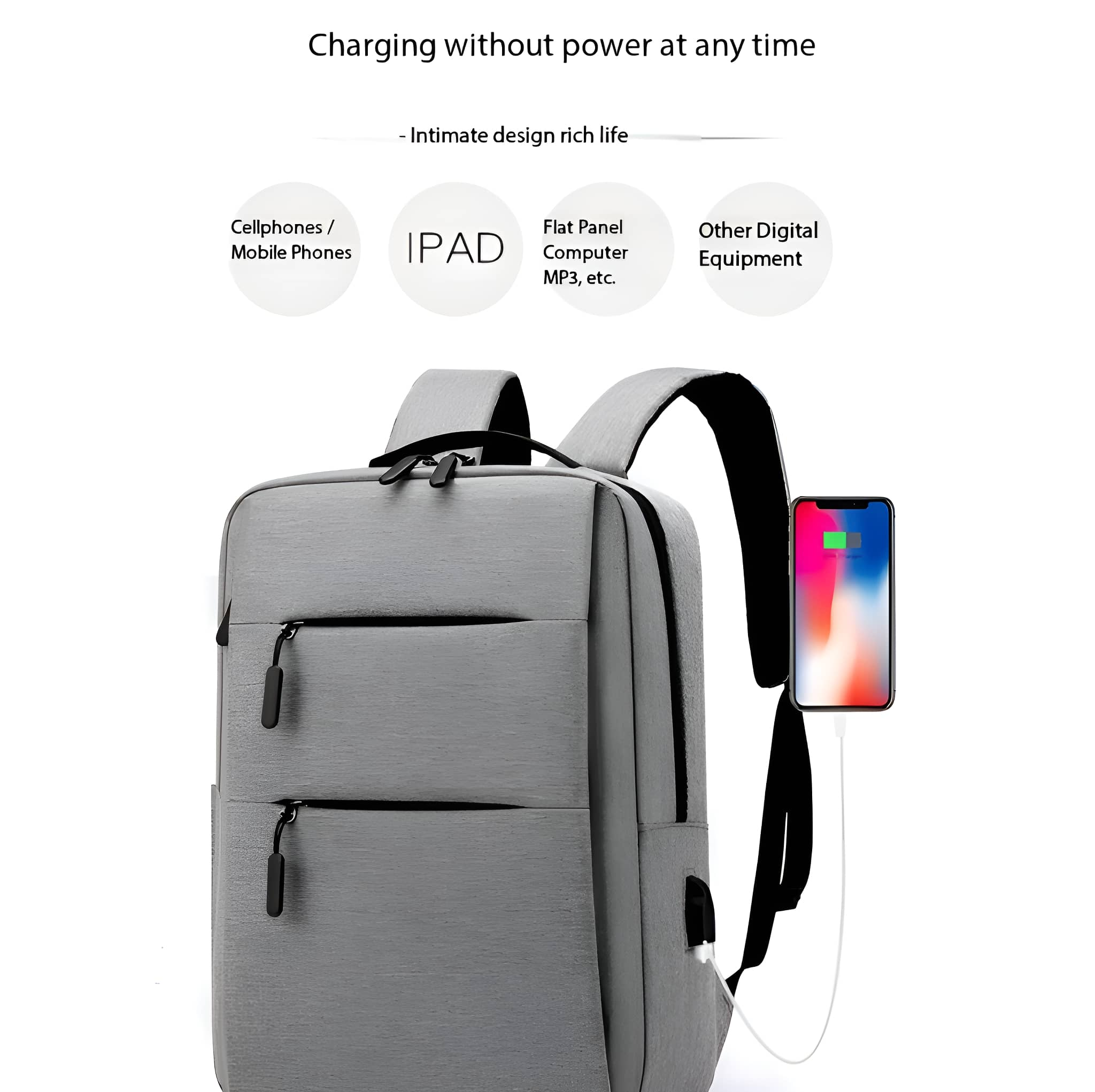 Ein grauer Rucksack mit einem Ladekabel an einem Telefon. Text sagt: Laden ohne Strom jederzeit.